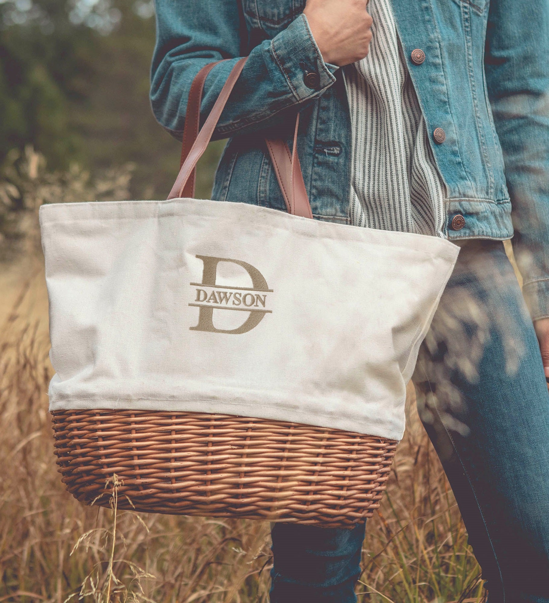 Lavish Last Name Embroidered Picnic Basket For Two
