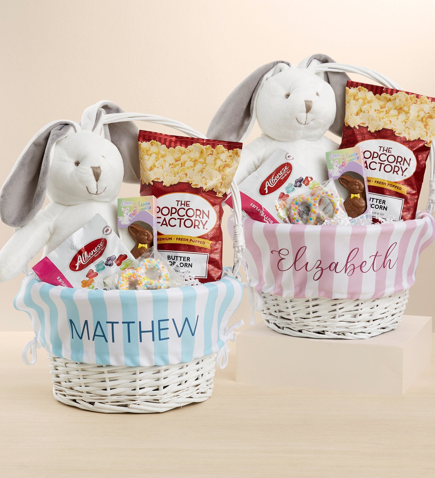 Delicate Stripes Personalized White Easter Bunny Basket & Treats Gift Set