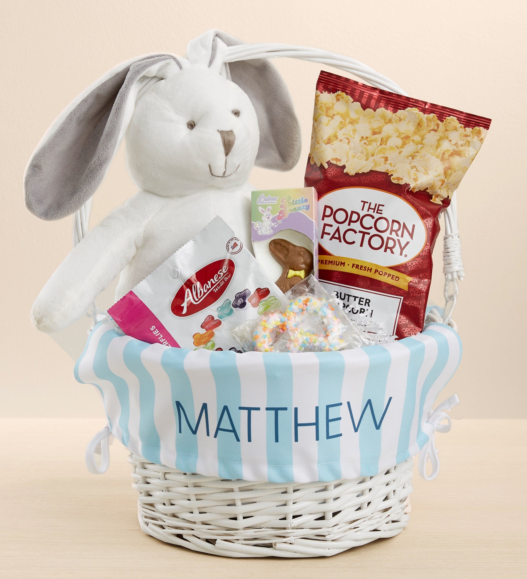 Delicate Stripes Personalized White Easter Bunny Basket & Treats Gift Set
