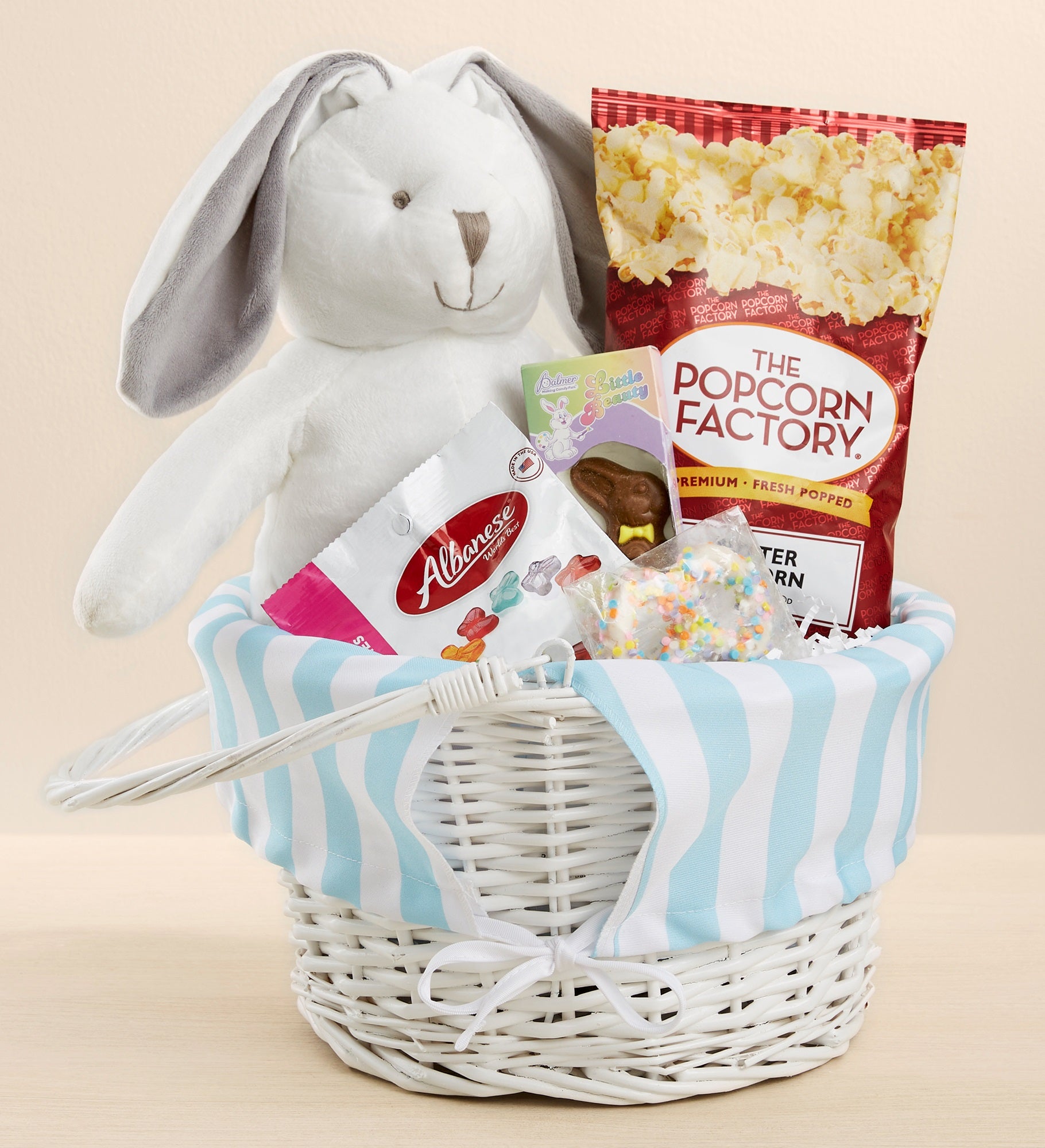 Delicate Stripes Personalized White Easter Bunny Basket & Treats Gift Set