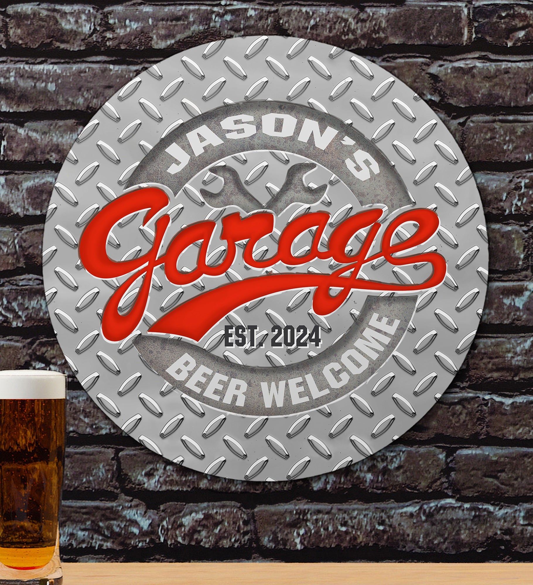 His Garage Personalized Round Wood Sign