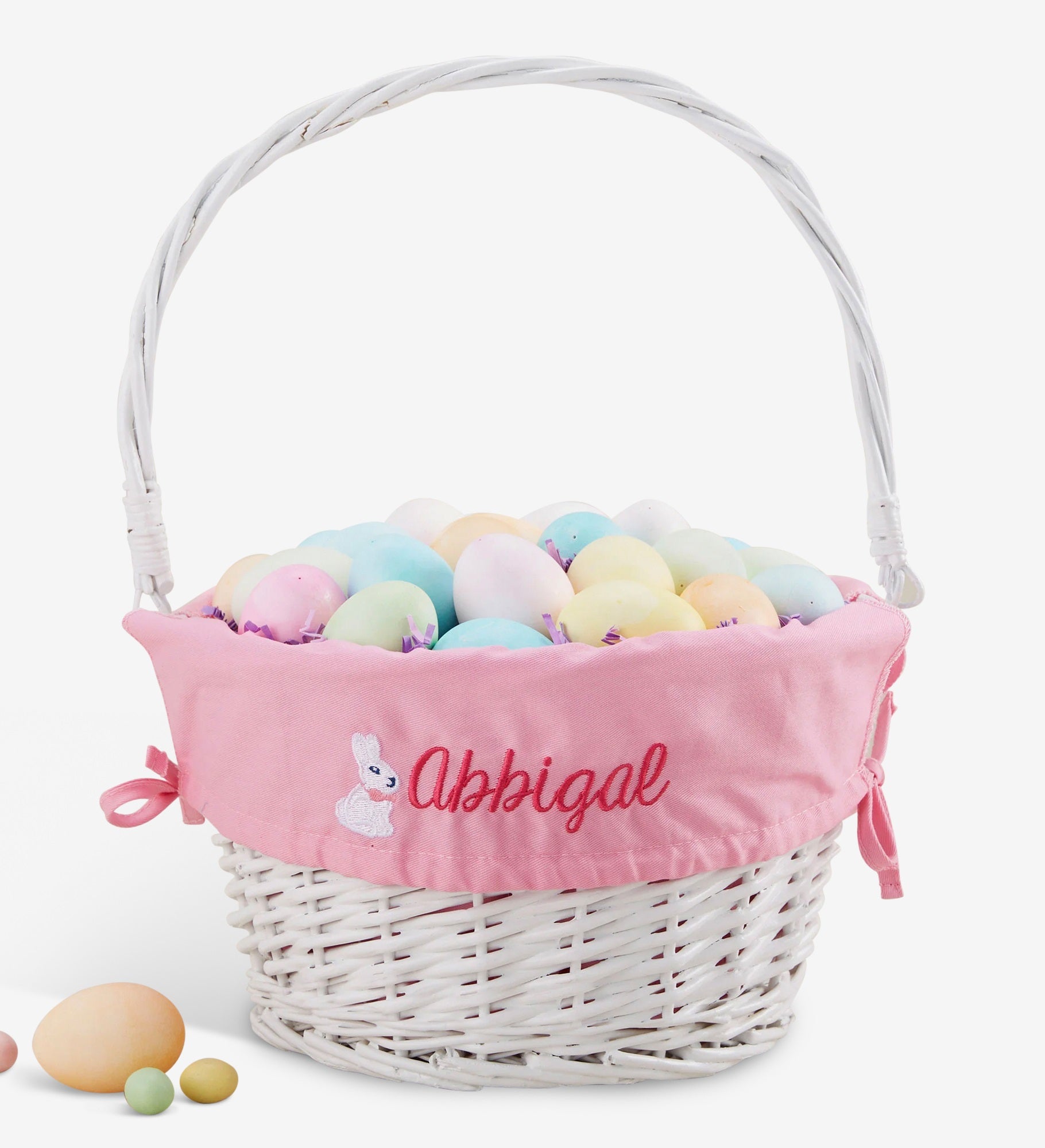 Bunny Name Embroidered White Easter Basket with Folding Handle