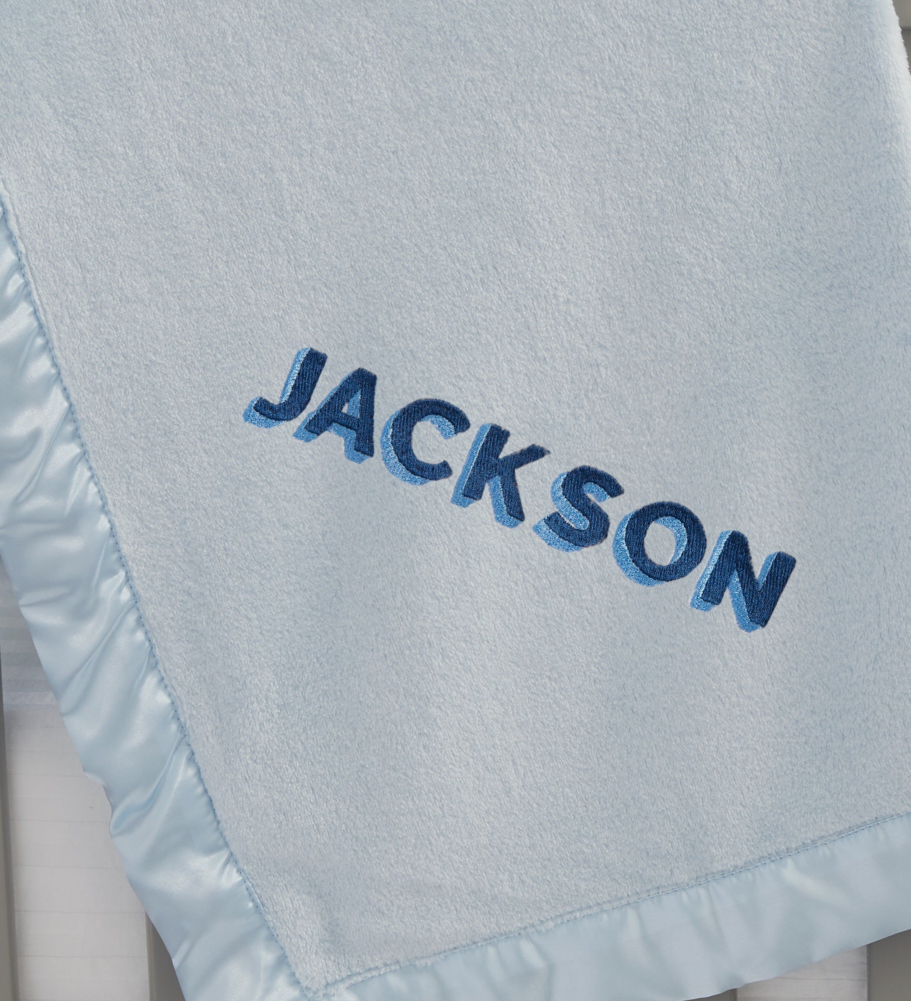 Shadow Name Embroidered Satin Trim Baby Blanket