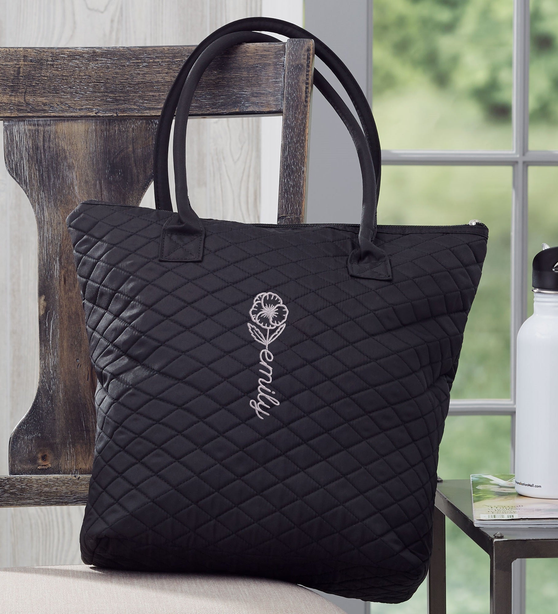 Birth Flower Name Embroidered Quilted Shoulder Bag