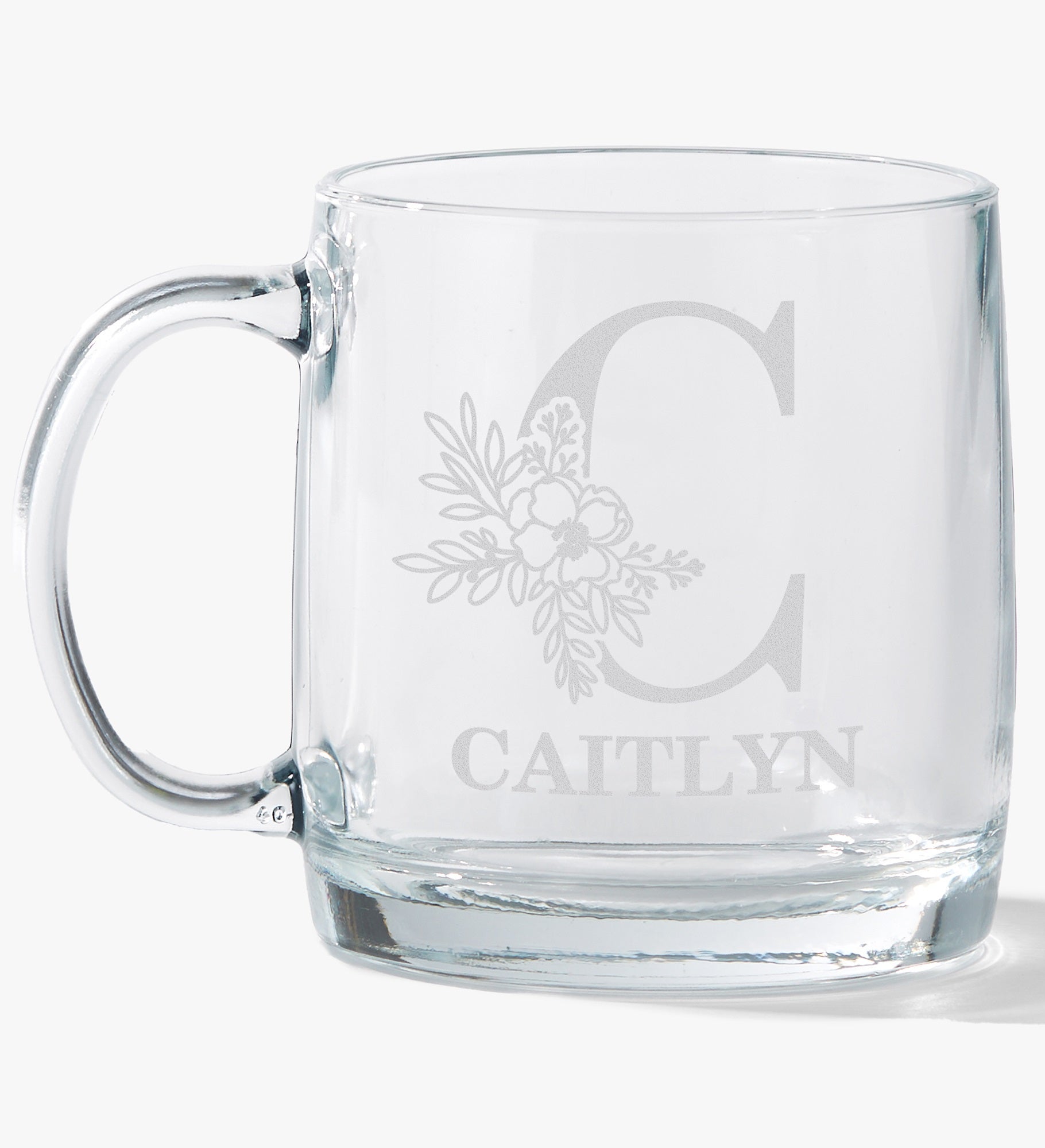 Floral Initial & Name Engraved 12.5oz Glass Wide Mug
