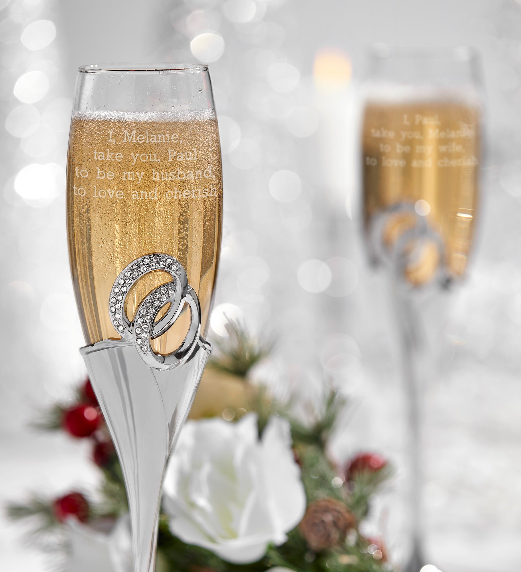 Engraved Double Rings Wedding Flute Set