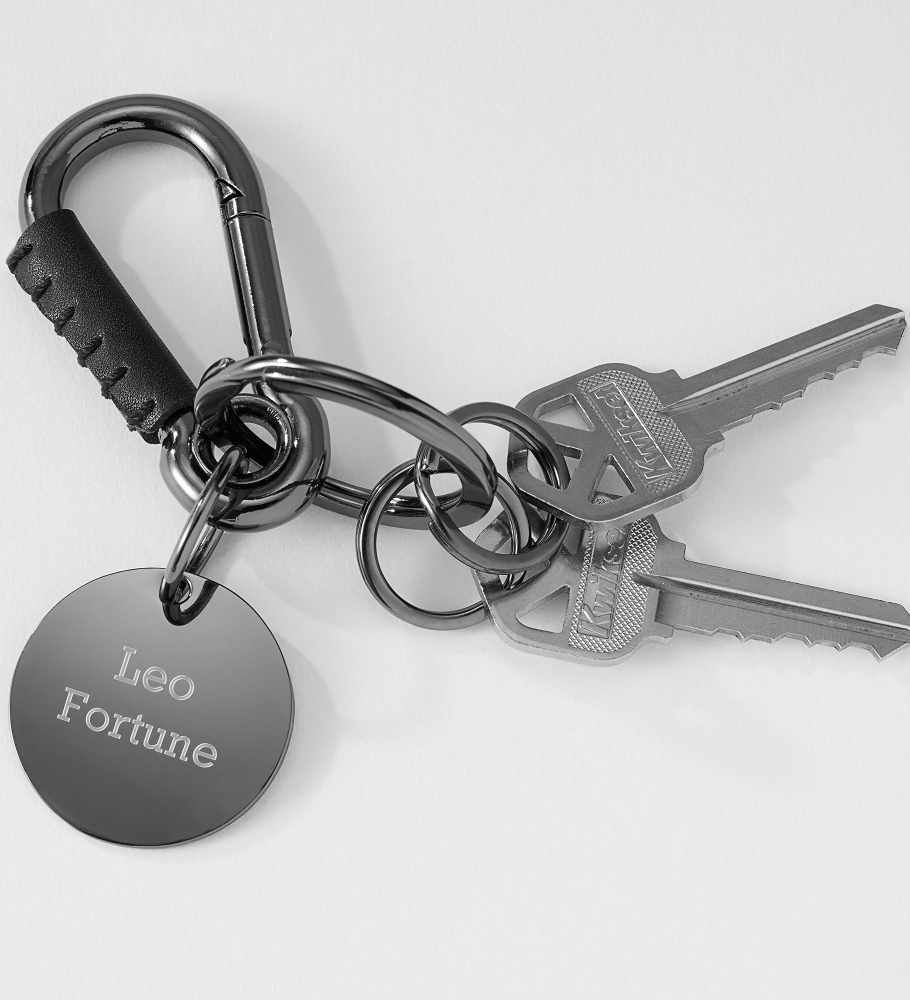 Engraved Gunmetal and Leather Clip Keychain