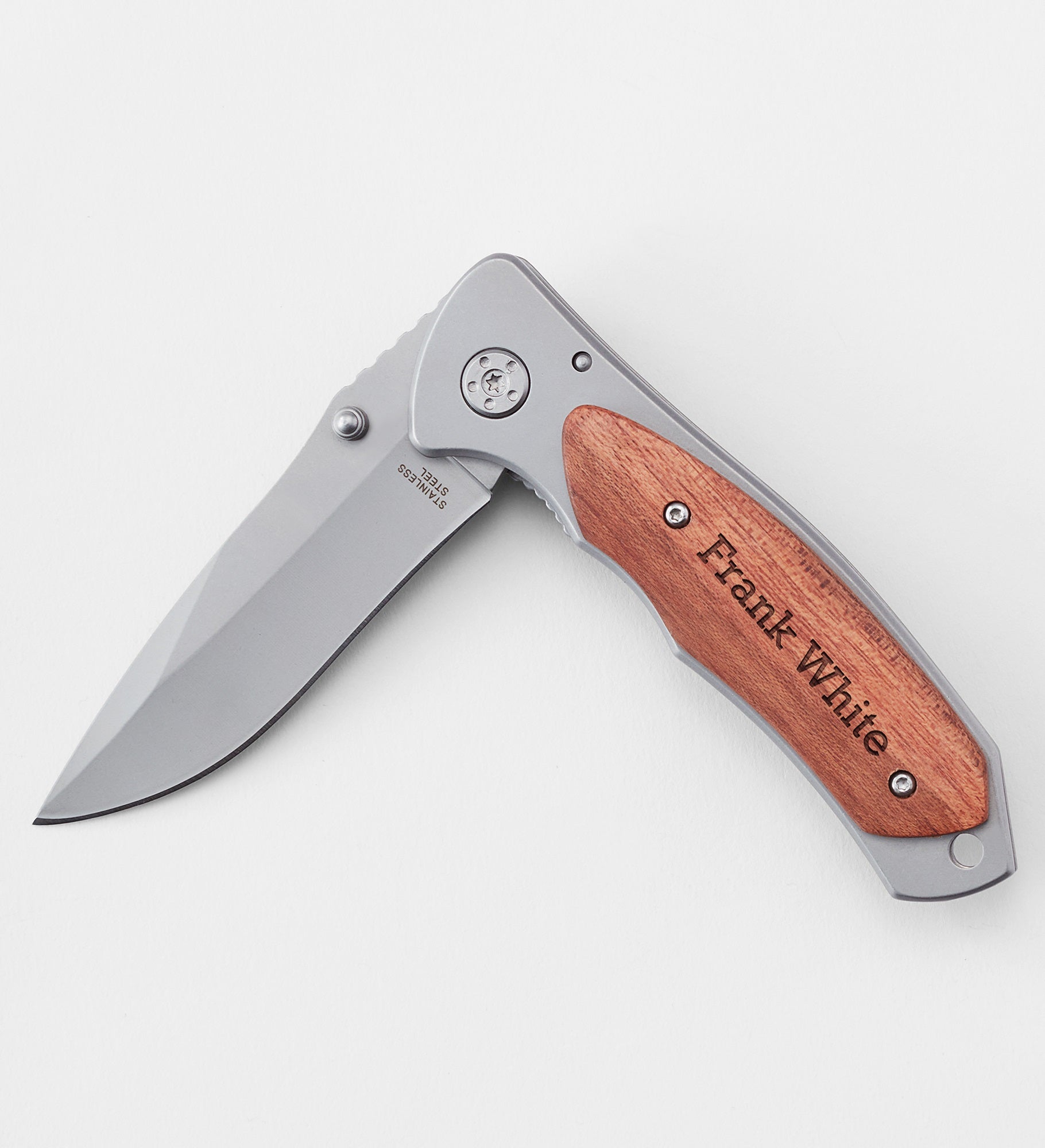 Engraved Matte Grey and Wood Pocket Knife for Him