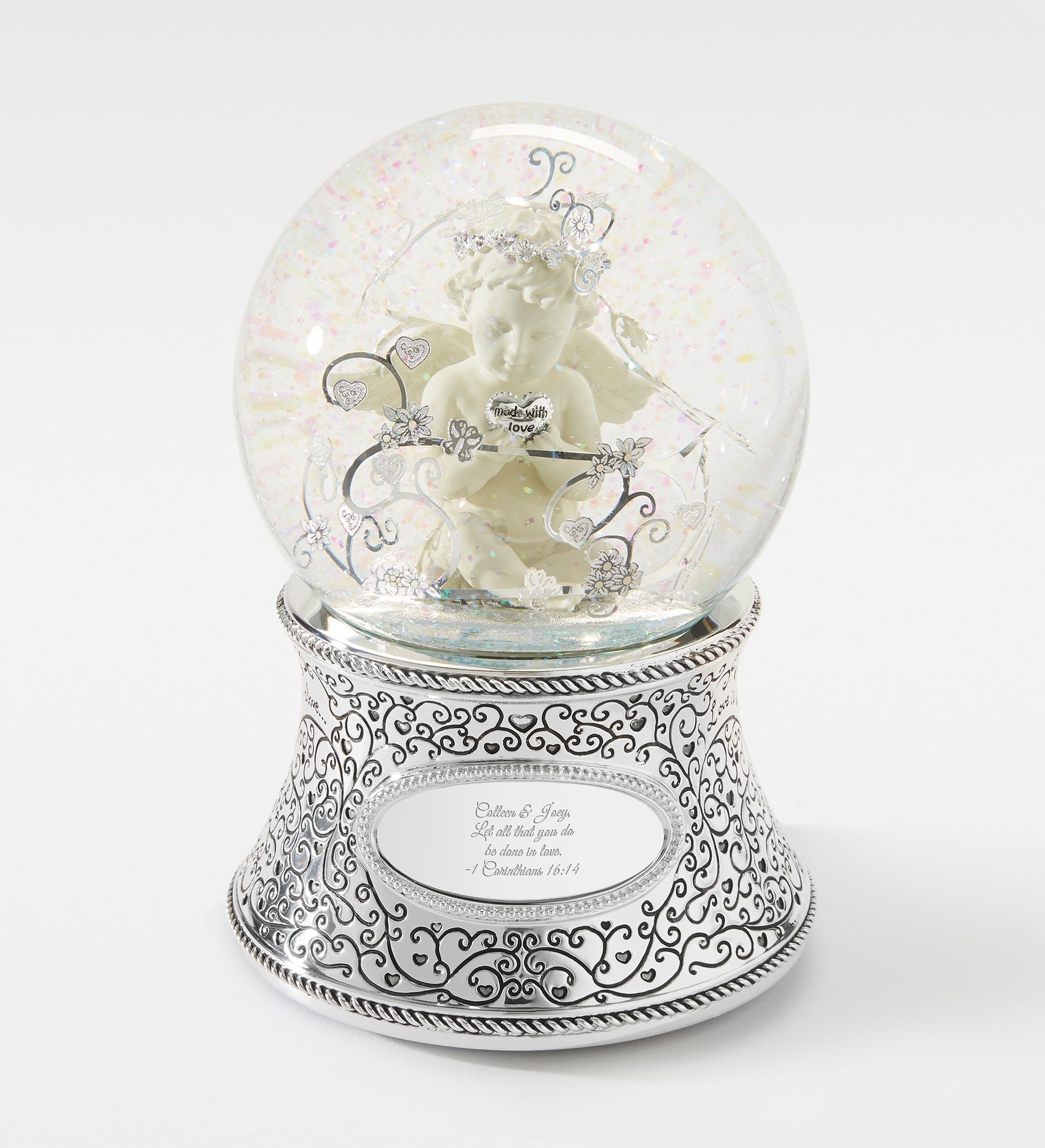 Engraved Made with Love Cherub Snow Globe