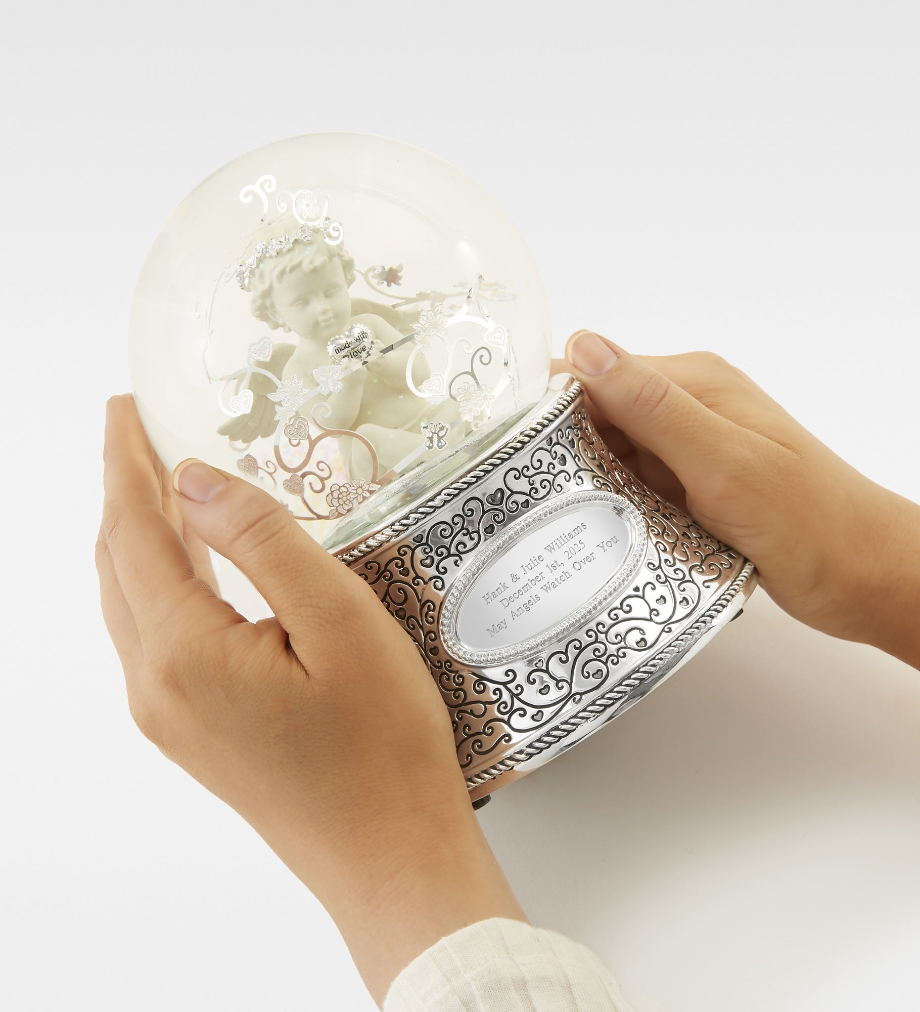 Engraved Made with Love Cherub Snow Globe
