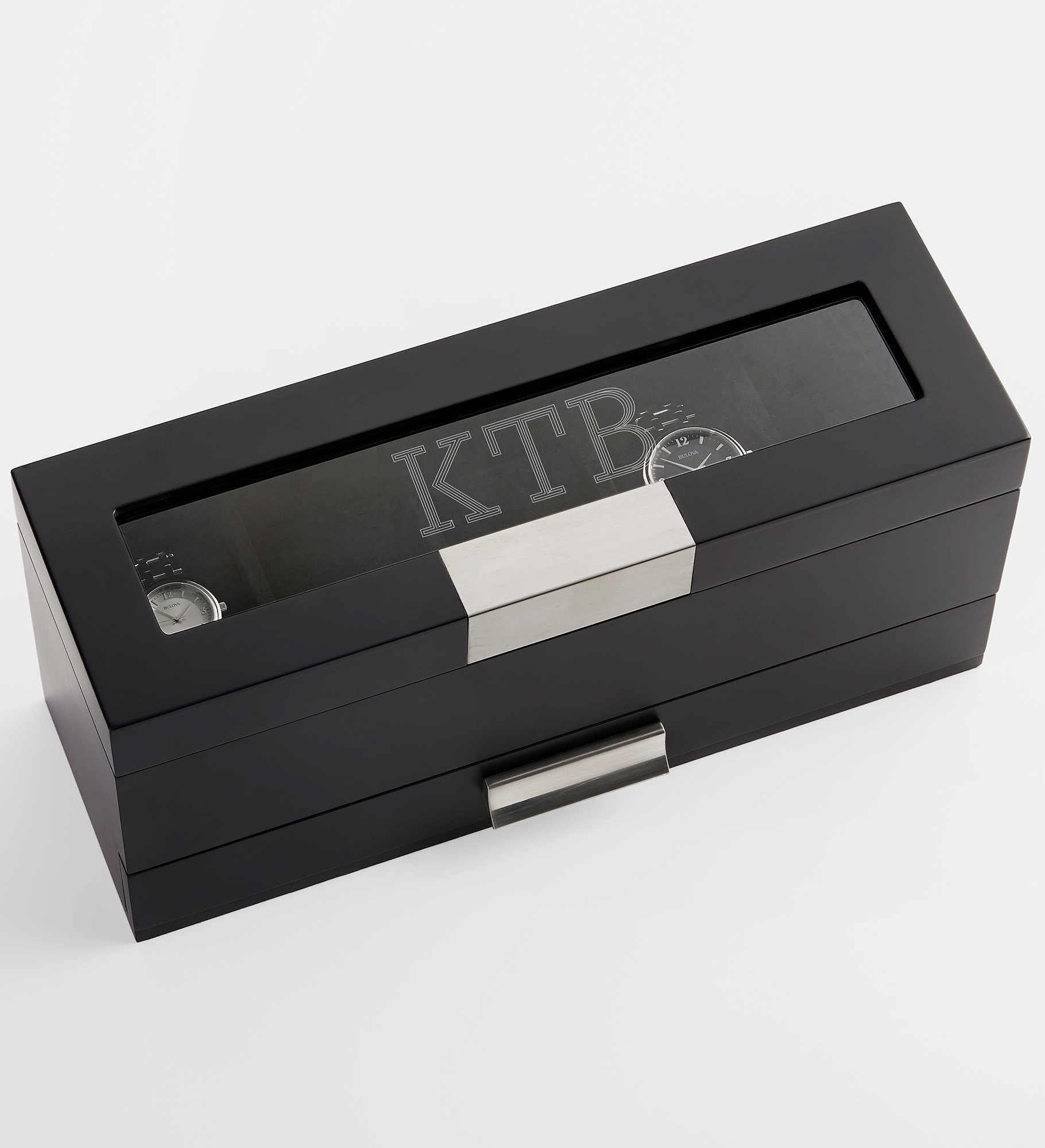  Engraved Monogram Black Wooden Watch Box with Drawer