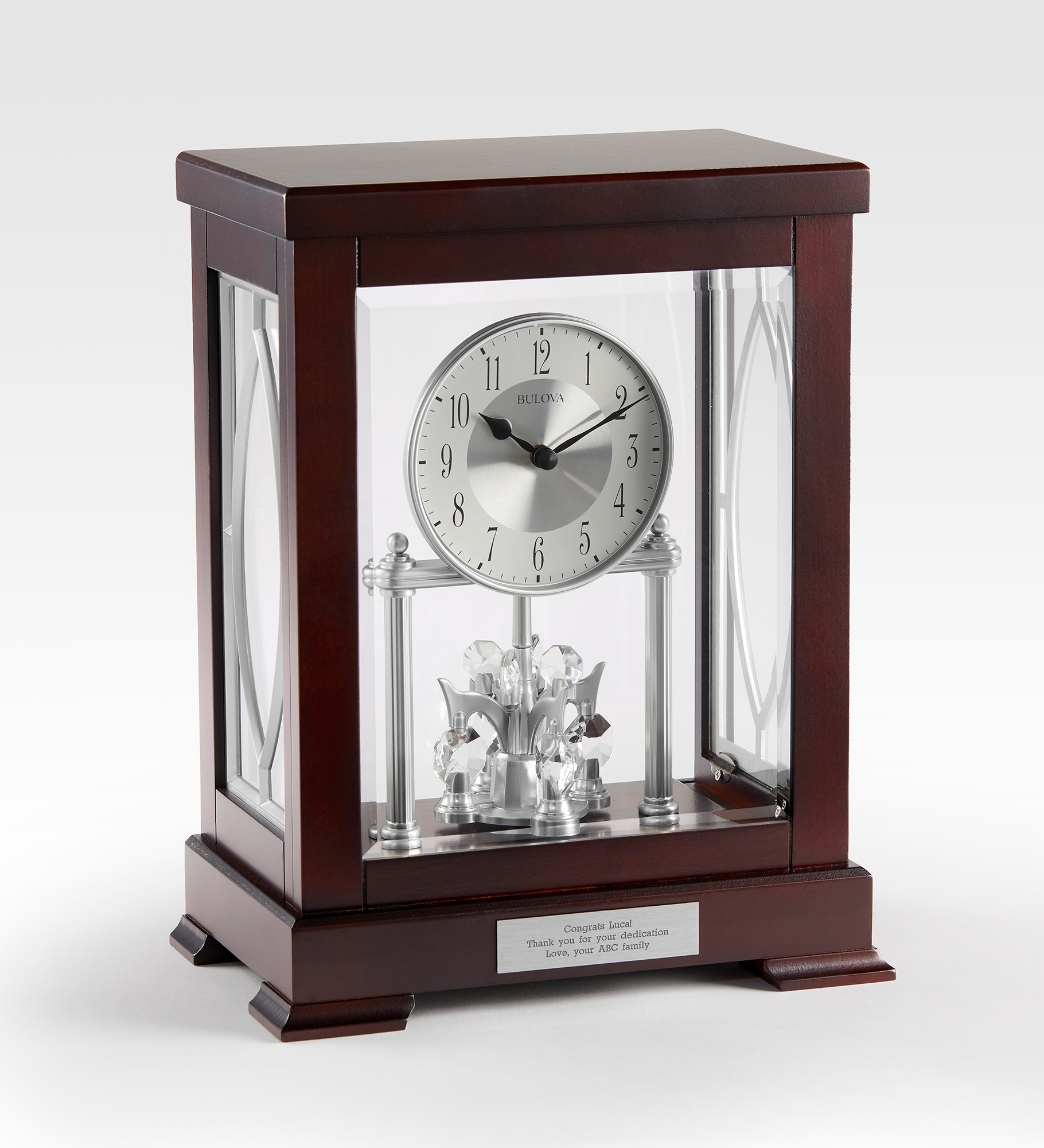 Engraved Bulova Empire Crystal Pendulum Clock