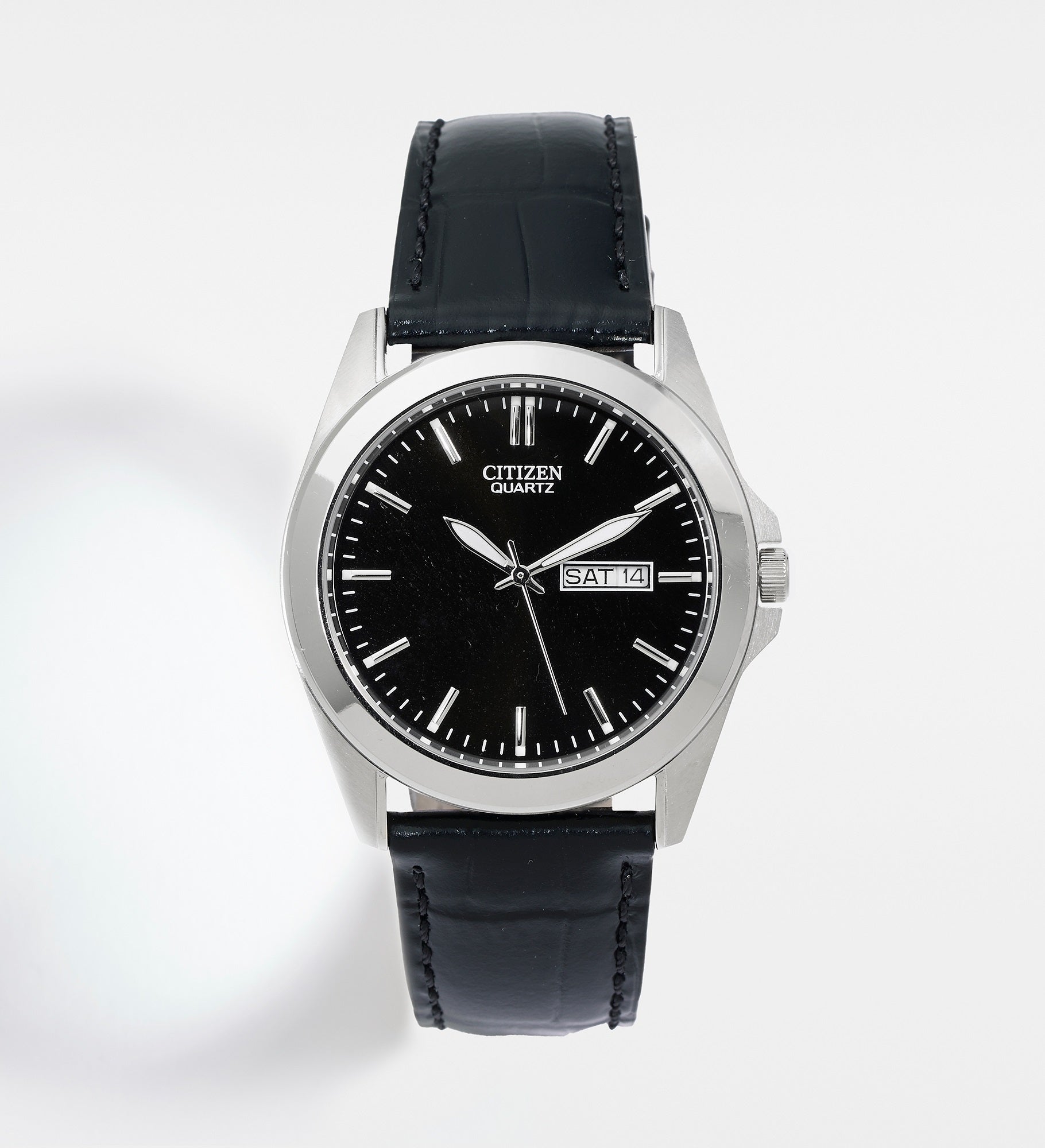 Engraved Citizen Milestone Quartz Black Leather & Silver Watch