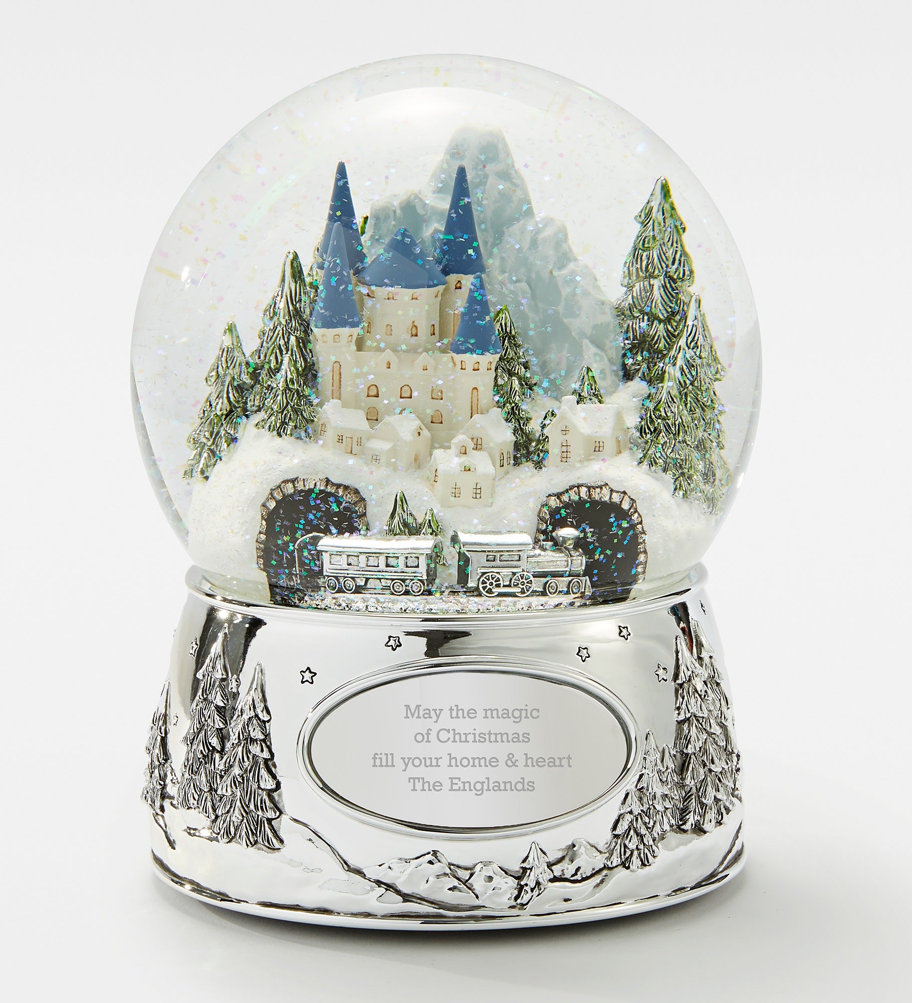 Engraved Winter Castle with Train Snow Globe