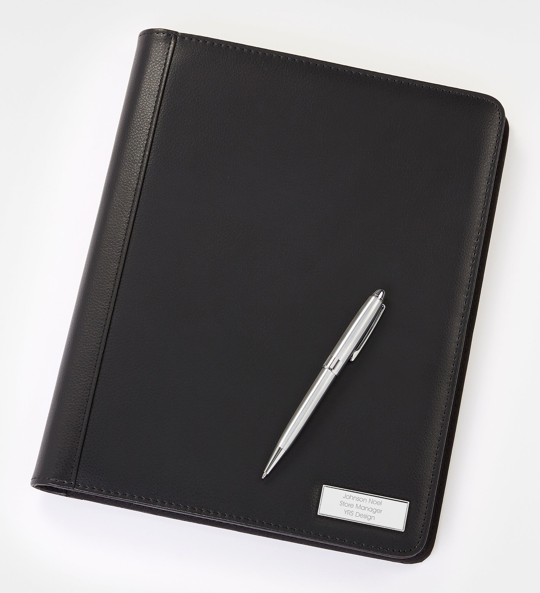 Engraved Black Vegan Leather Padfolio and Pen Set