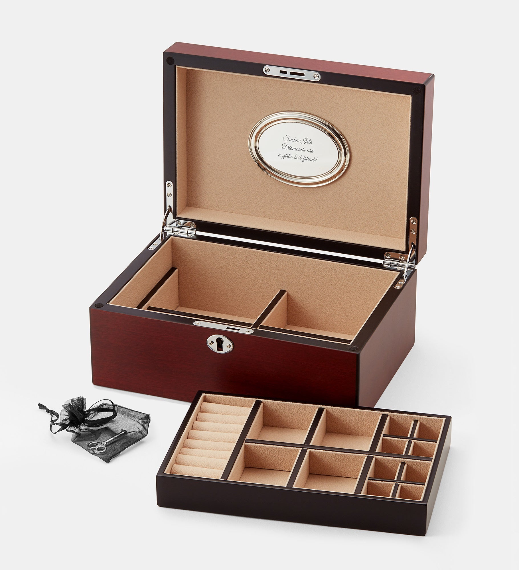 Engraved Matte-Finish Wooden Jewelry Box with Lock