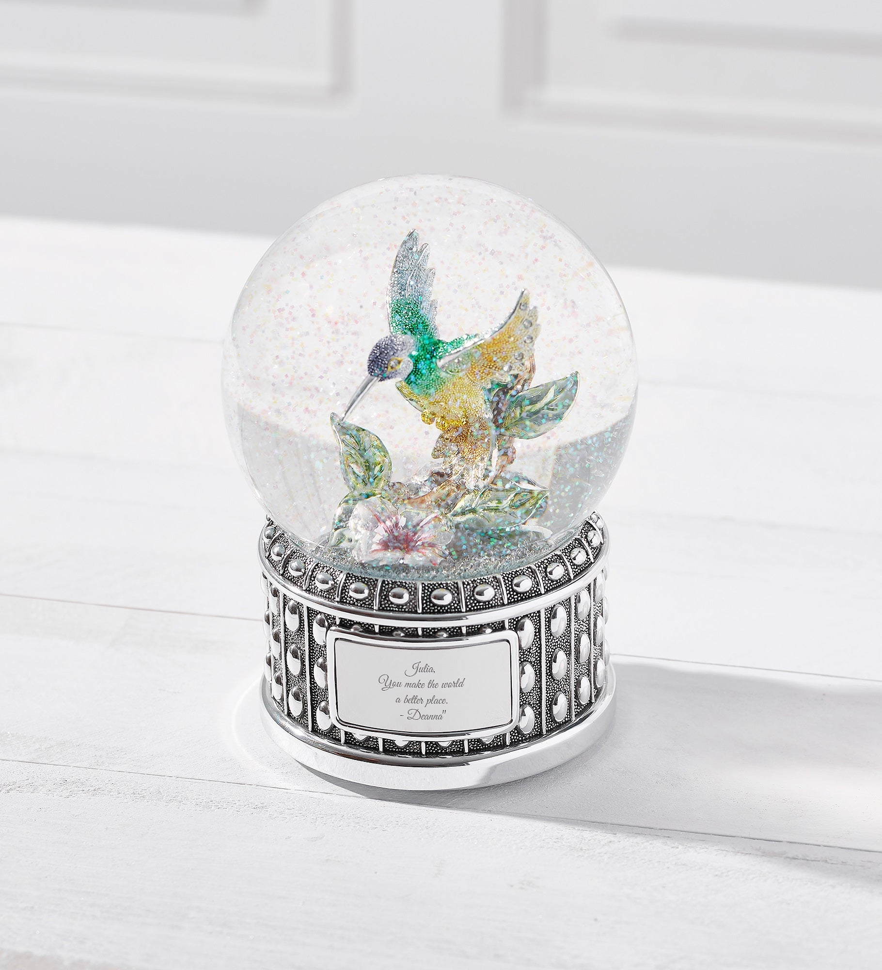 Engraved Jeweled Hummingbird Snow Globe