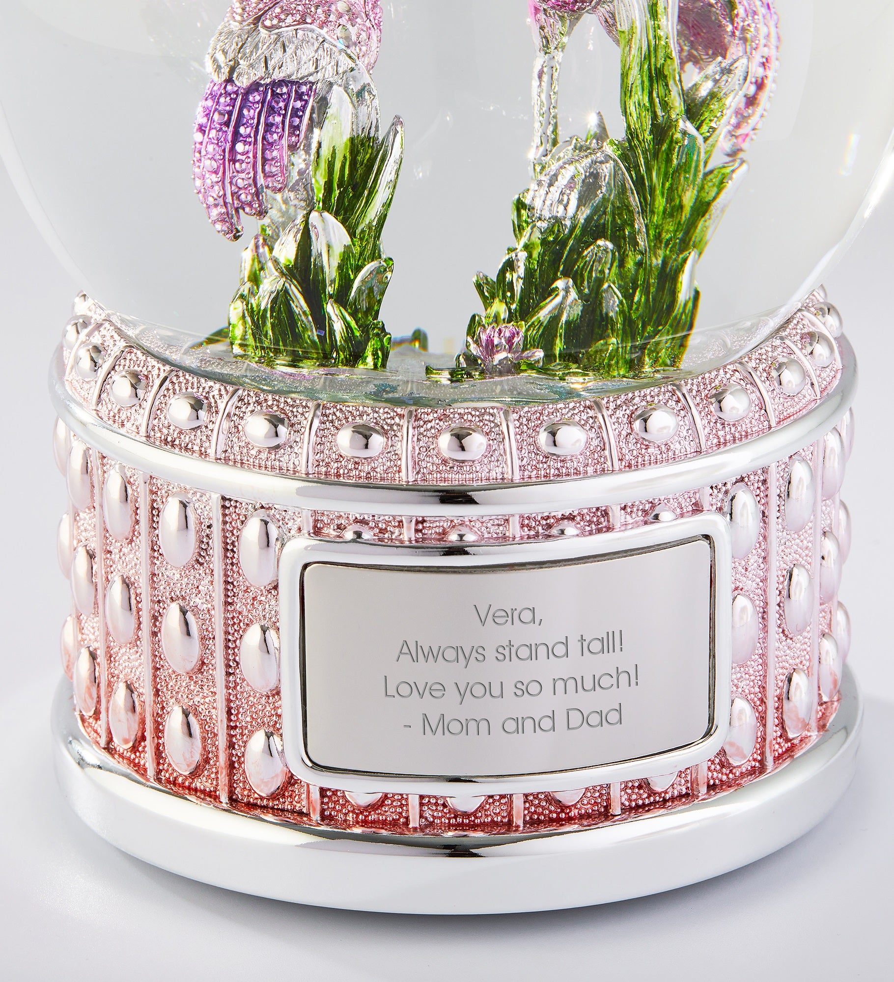 Engraved Jeweled Flamingo Snow Globe