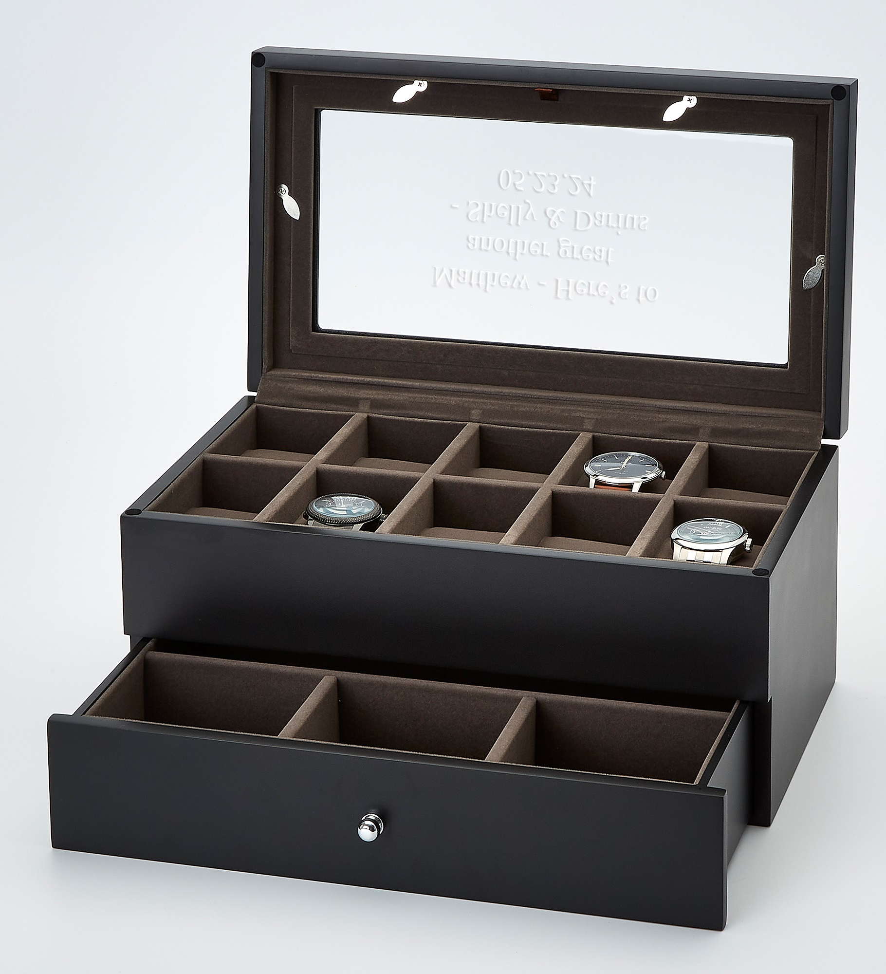 Engraved Black Wooden 10 Slot Watch Box with Drawer
