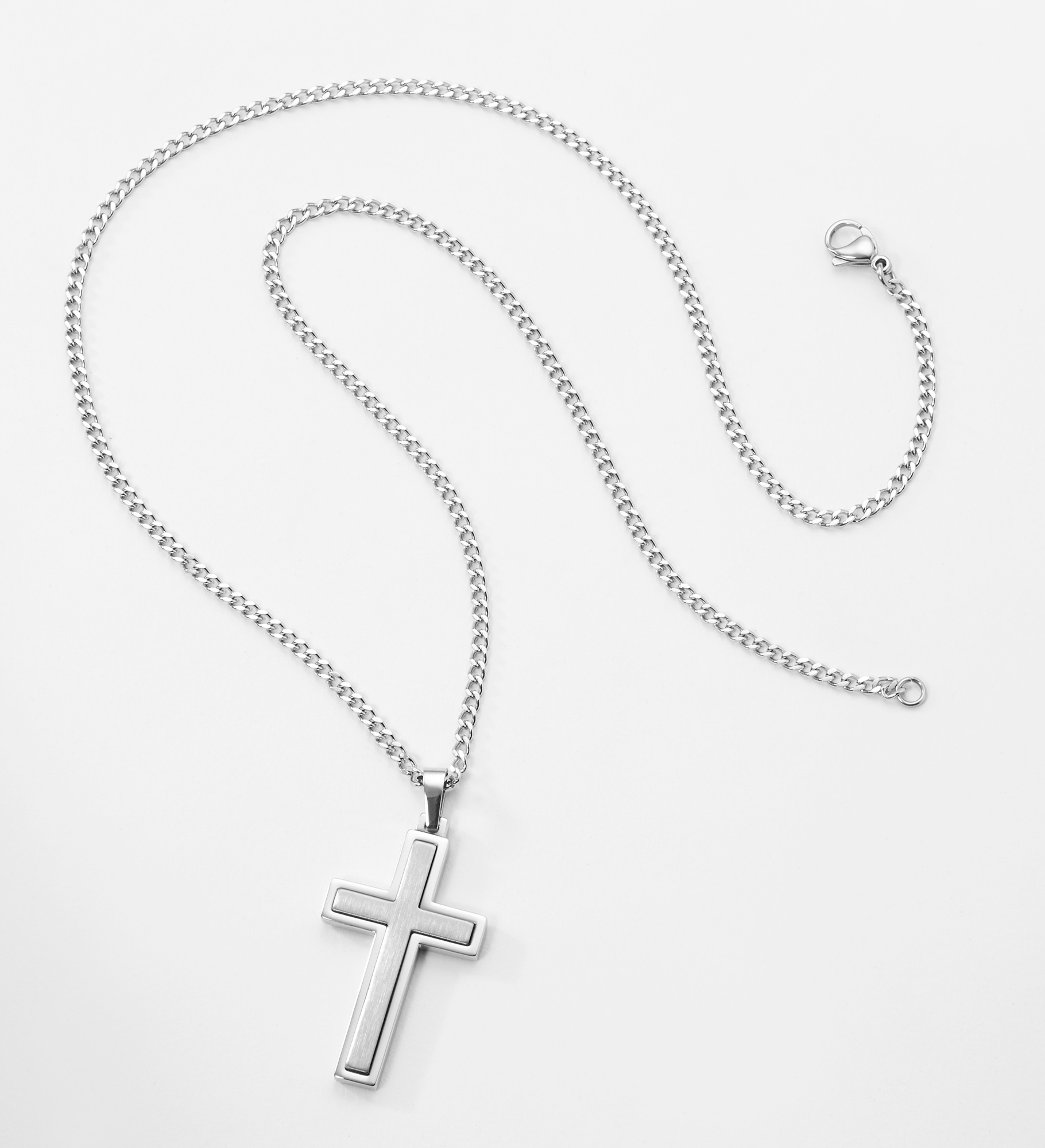  Engraved Two Tone Brushed Stainless Cross Necklace