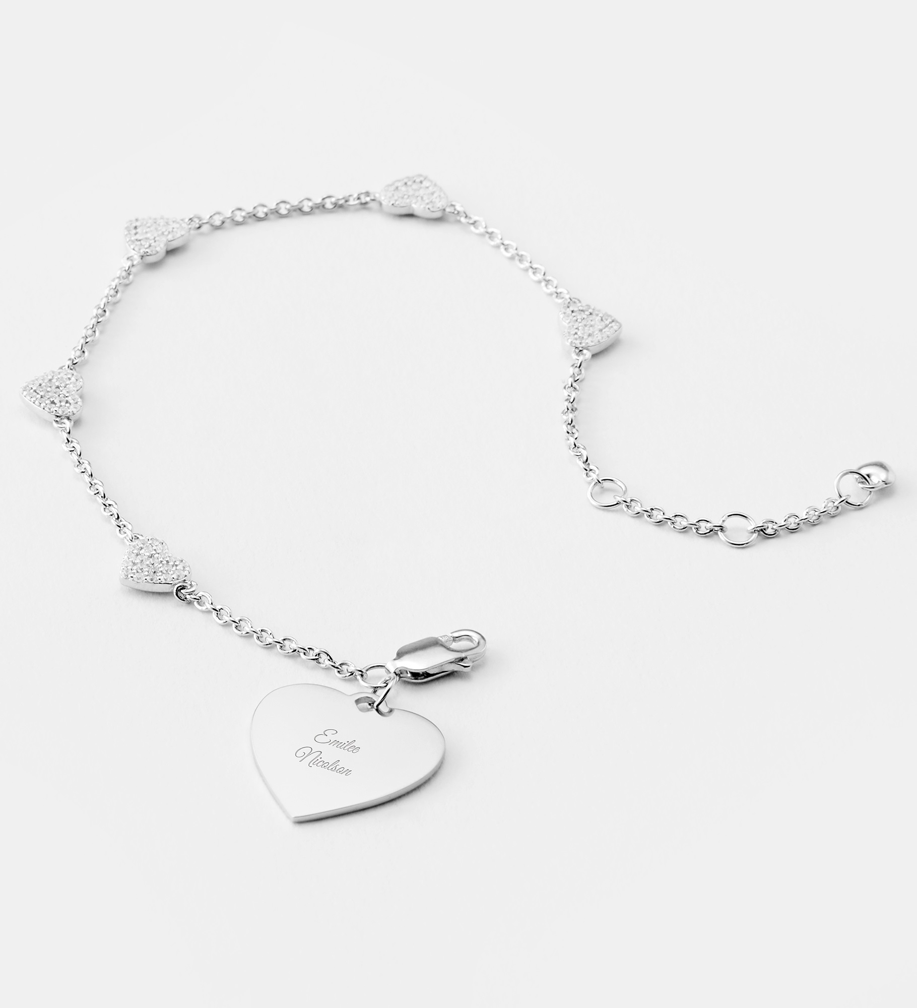 Engraved Sterling Silver Pave Heart Station Bracelet