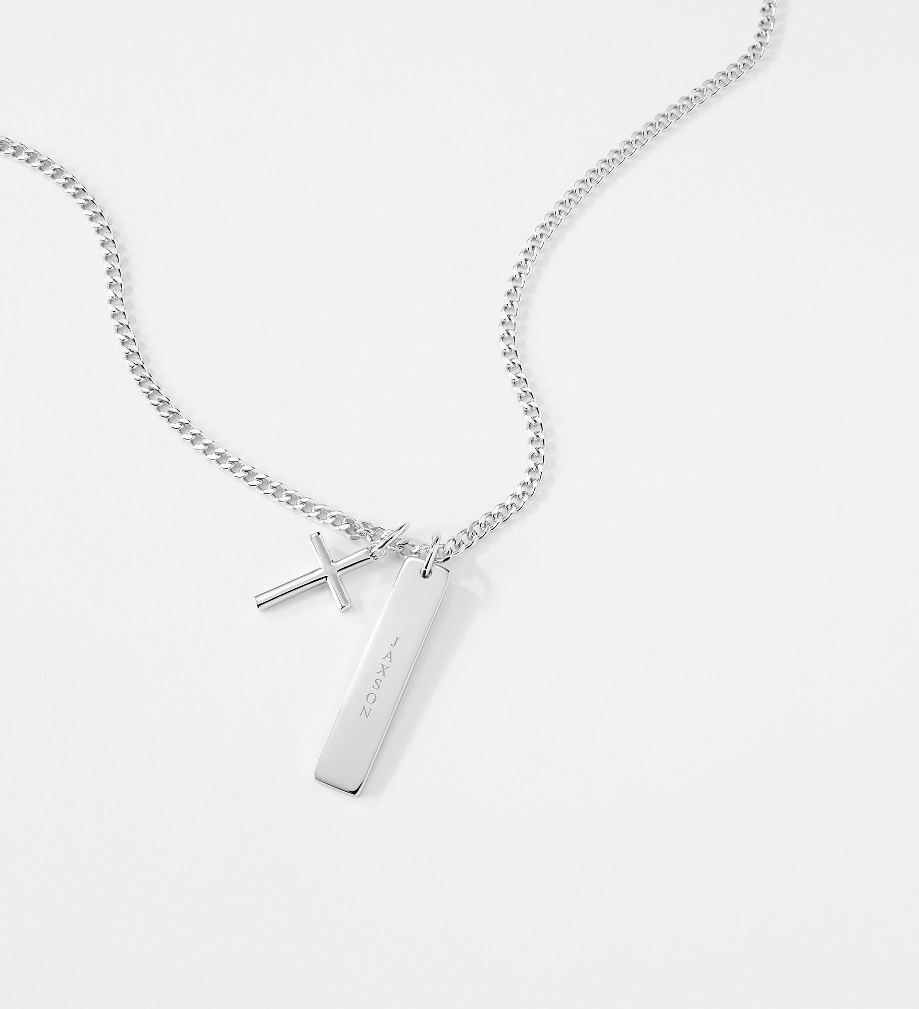  Engraved Sterling Silver Cross and Bar Necklace
