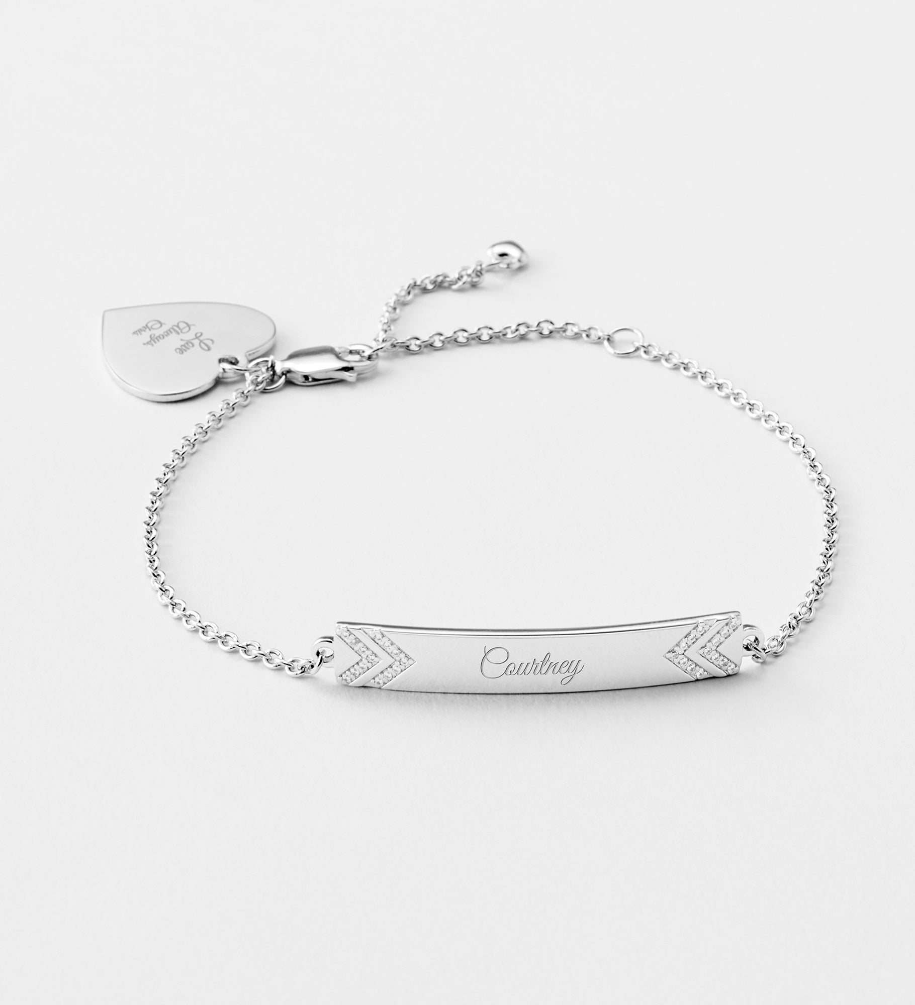 Engraved Sterling Silver Herringbone Jeweled ID Bracelet