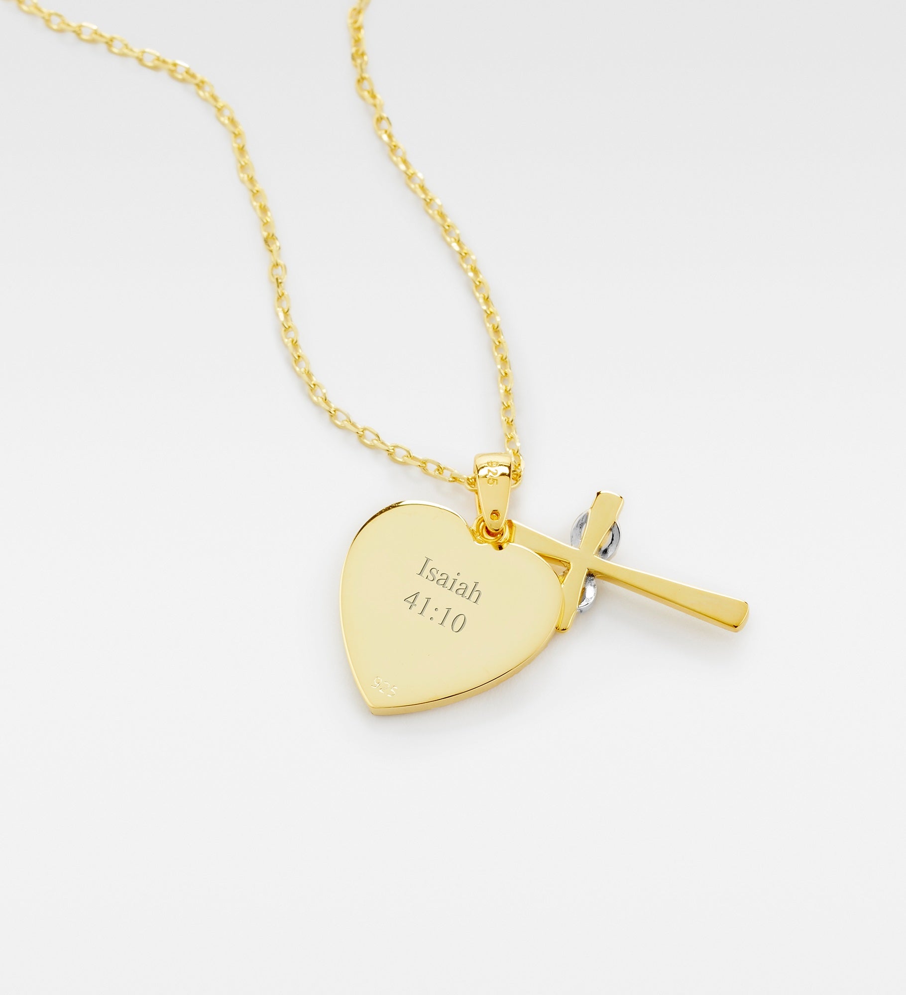 Engraved Gold Over Sterling Silver Cross and Heart Necklace