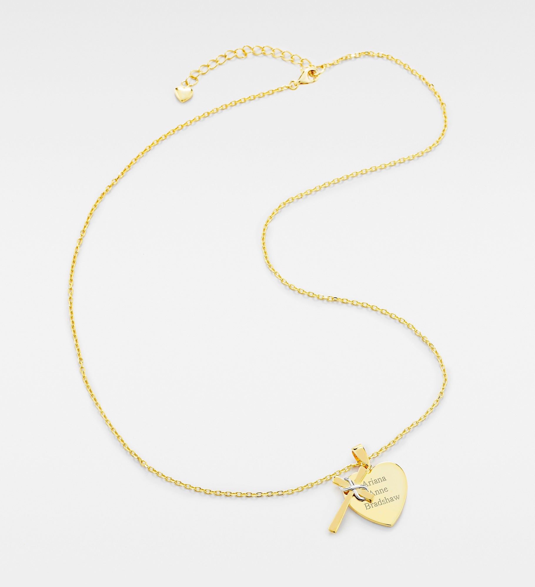 Engraved Gold Over Sterling Silver Cross and Heart Necklace