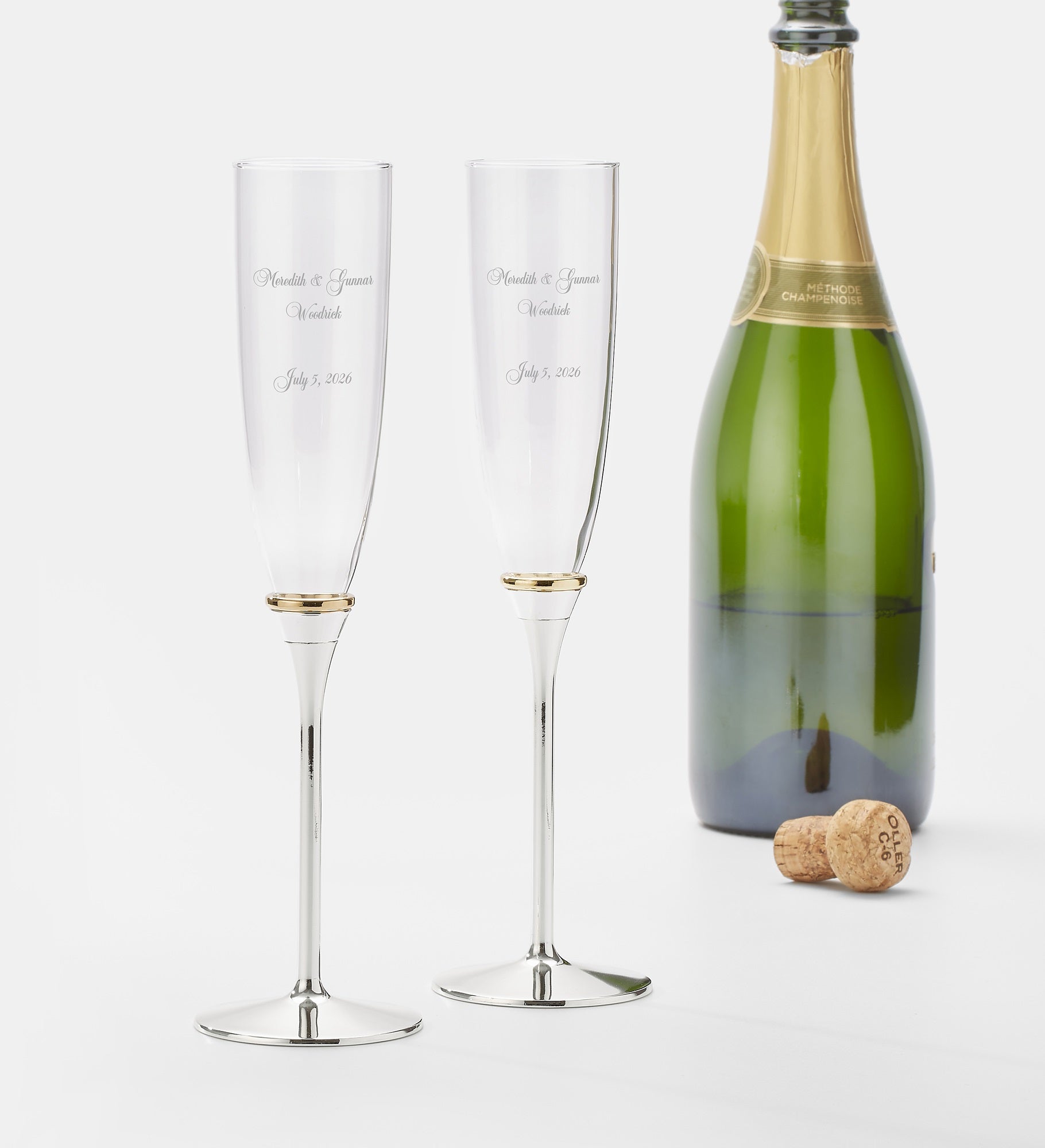 Engraved Thin Gold Band Champagne Flute Set 