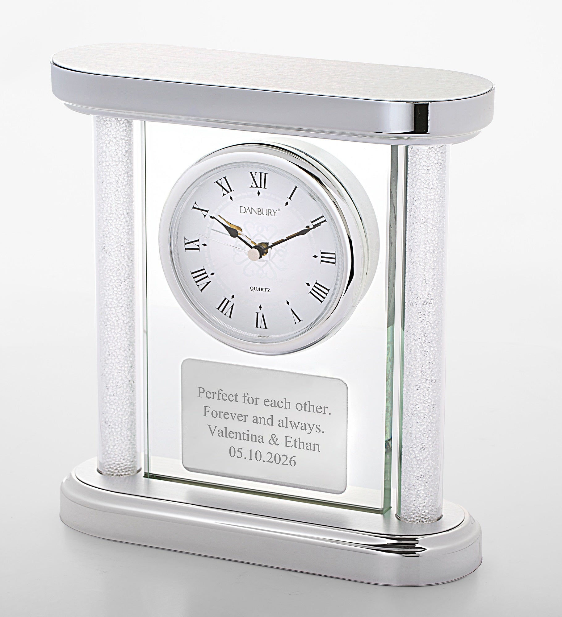 Engraved Silver and Glass Column Clock