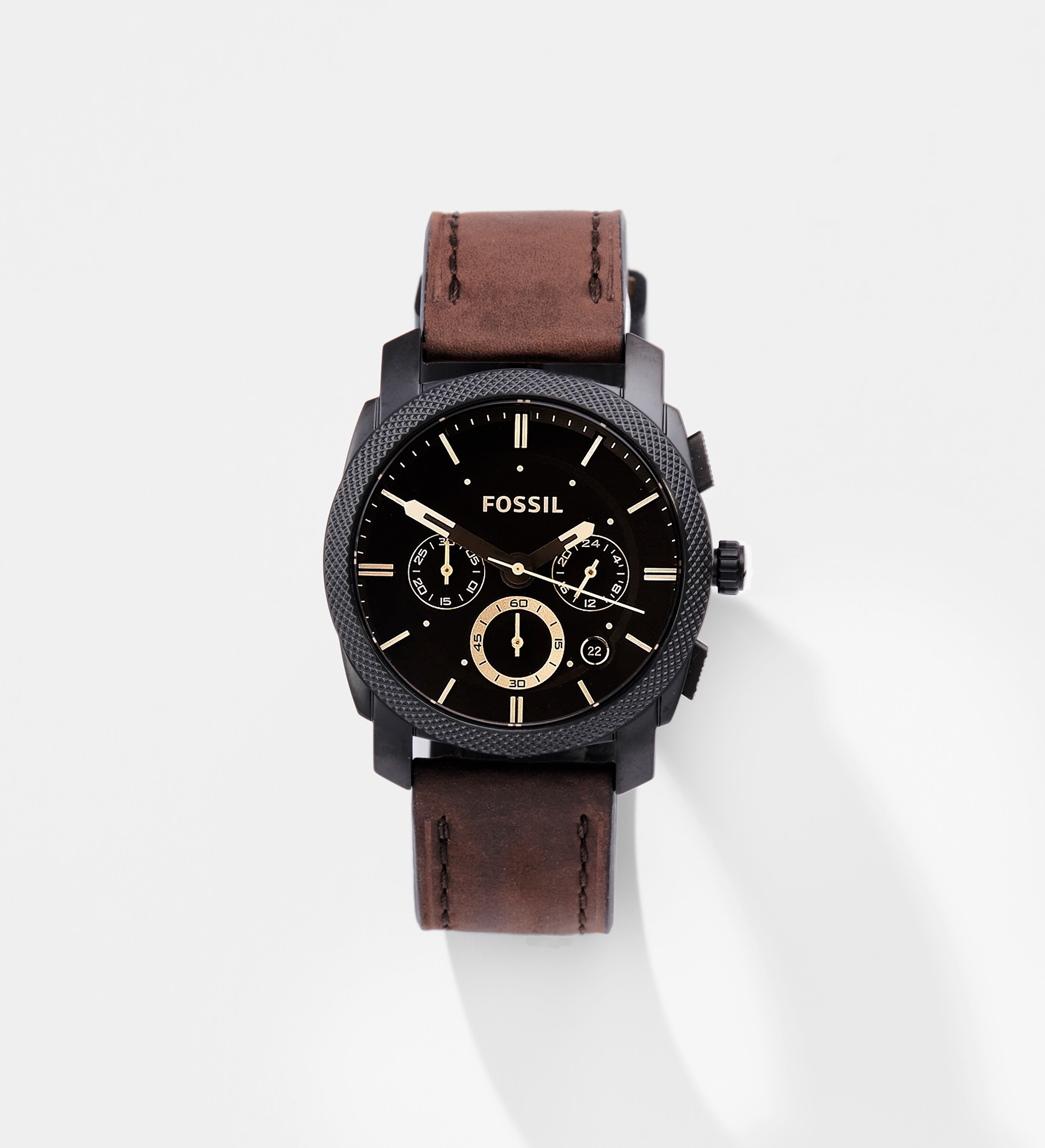  Engraved Fossil Machine Watch with Brown Leather Band