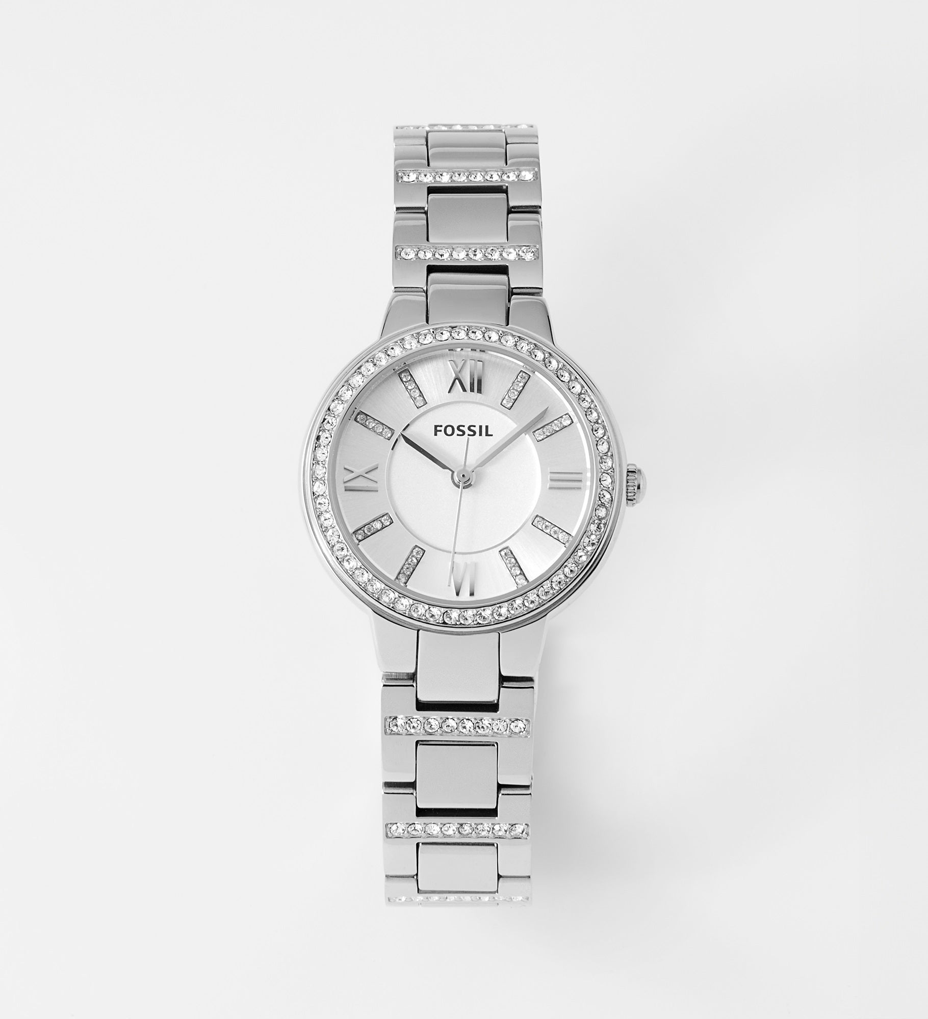 Engraved Fossil Virginia Silver and Crystal Watch