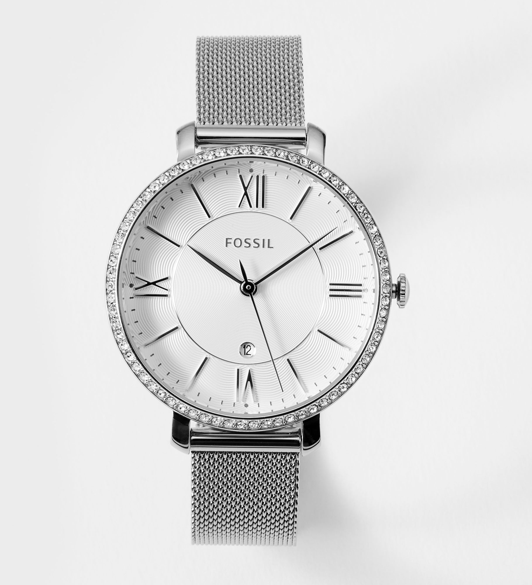 Engraved Fossil Jaqueline Silver Mesh Watch