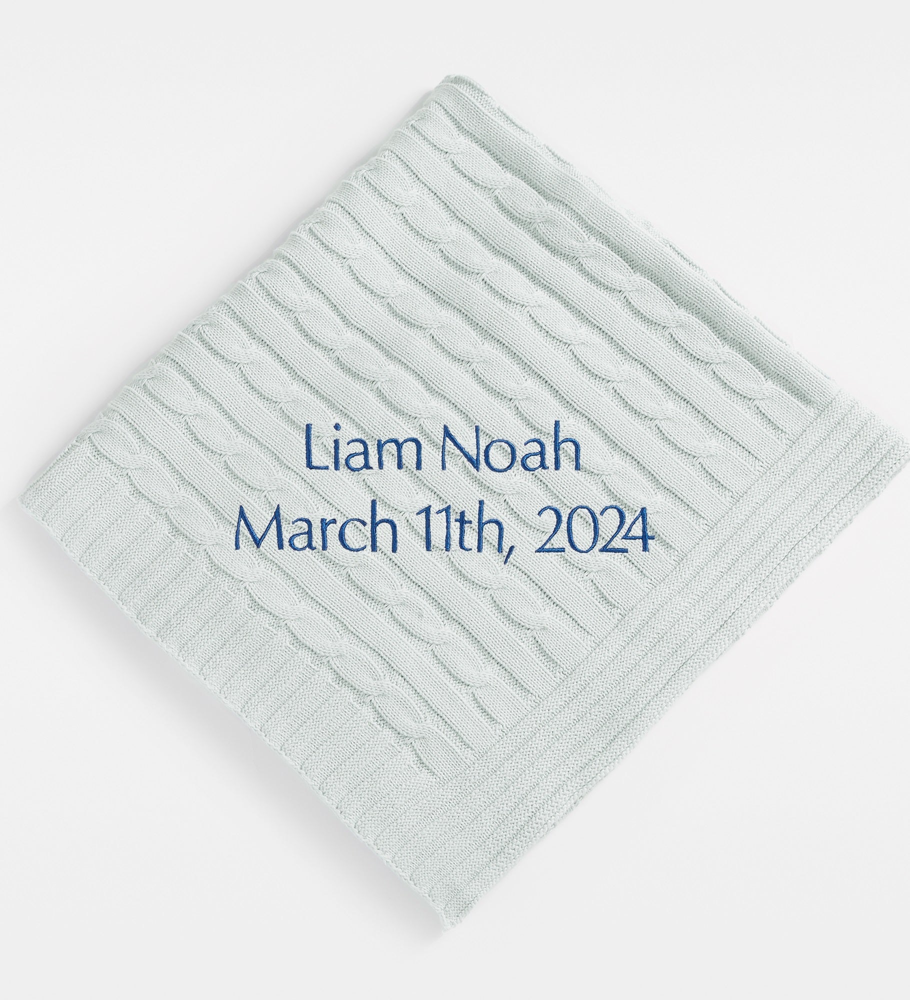 Embroidered Blue Cable Knit Baby Blanket