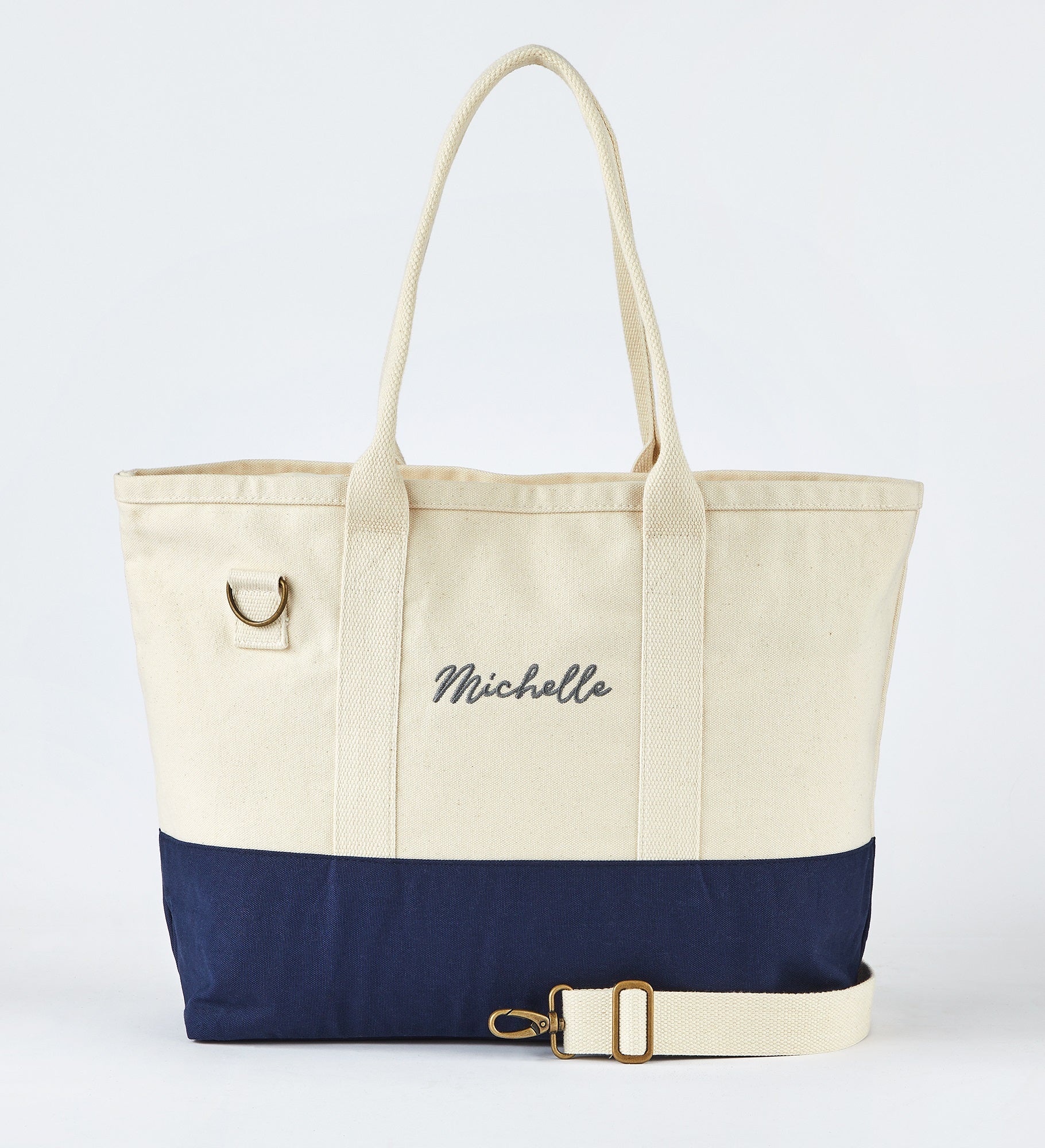 Embroidered Utility Canvas Tote in Natural/Navy- Centered Text