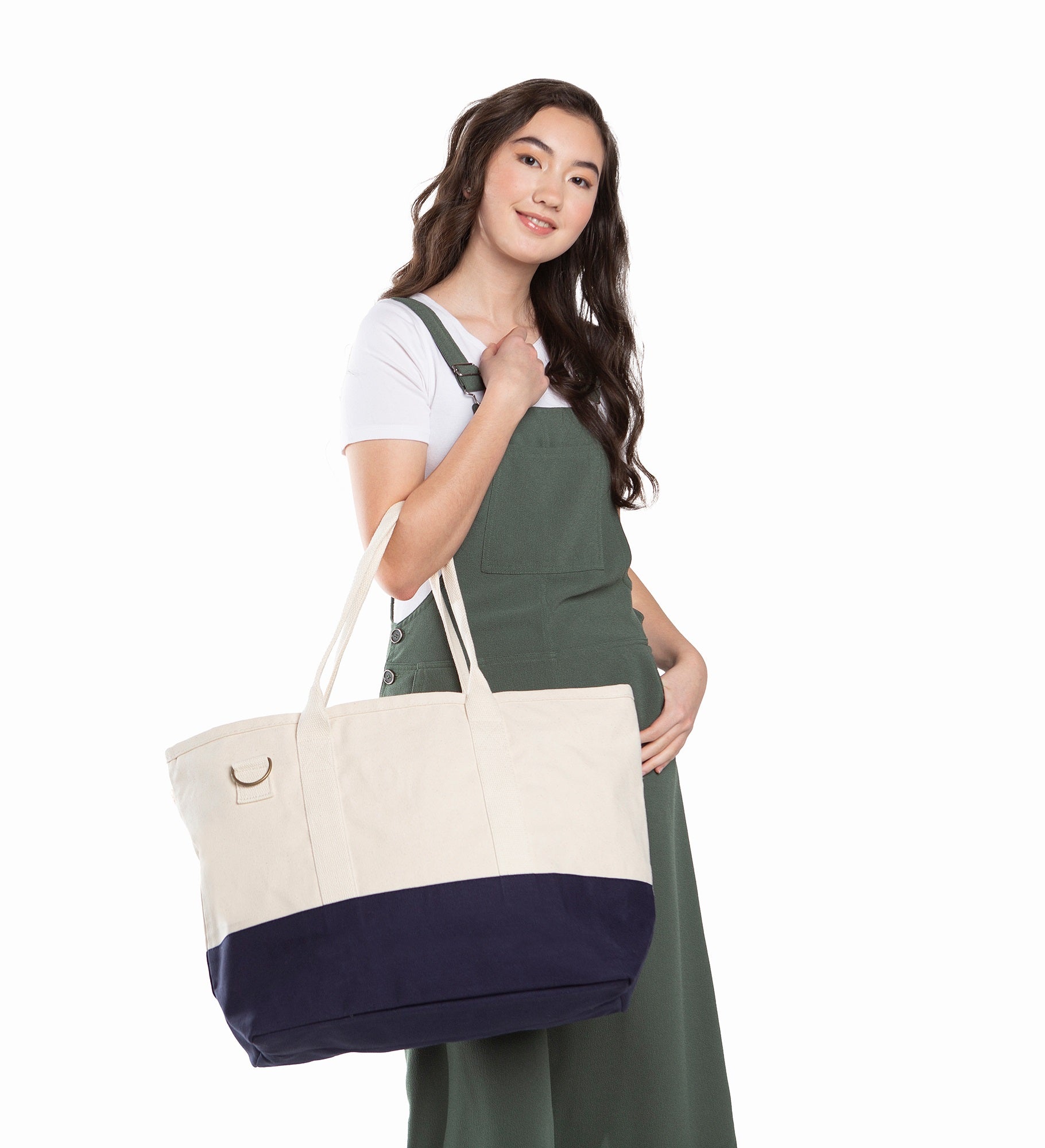 Embroidered Utility Canvas Tote in Natural/Navy  Centered Text