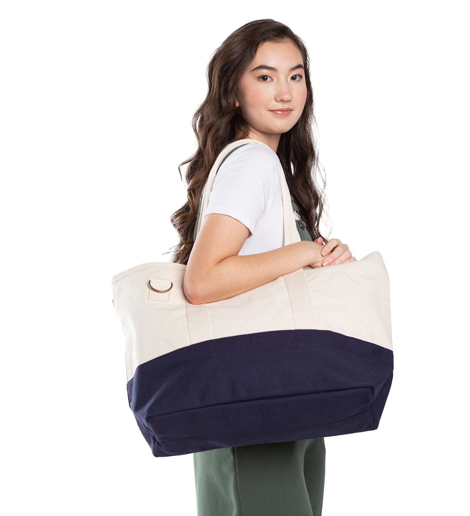 Embroidered Utility Canvas Tote in Natural/Navy  Centered Text