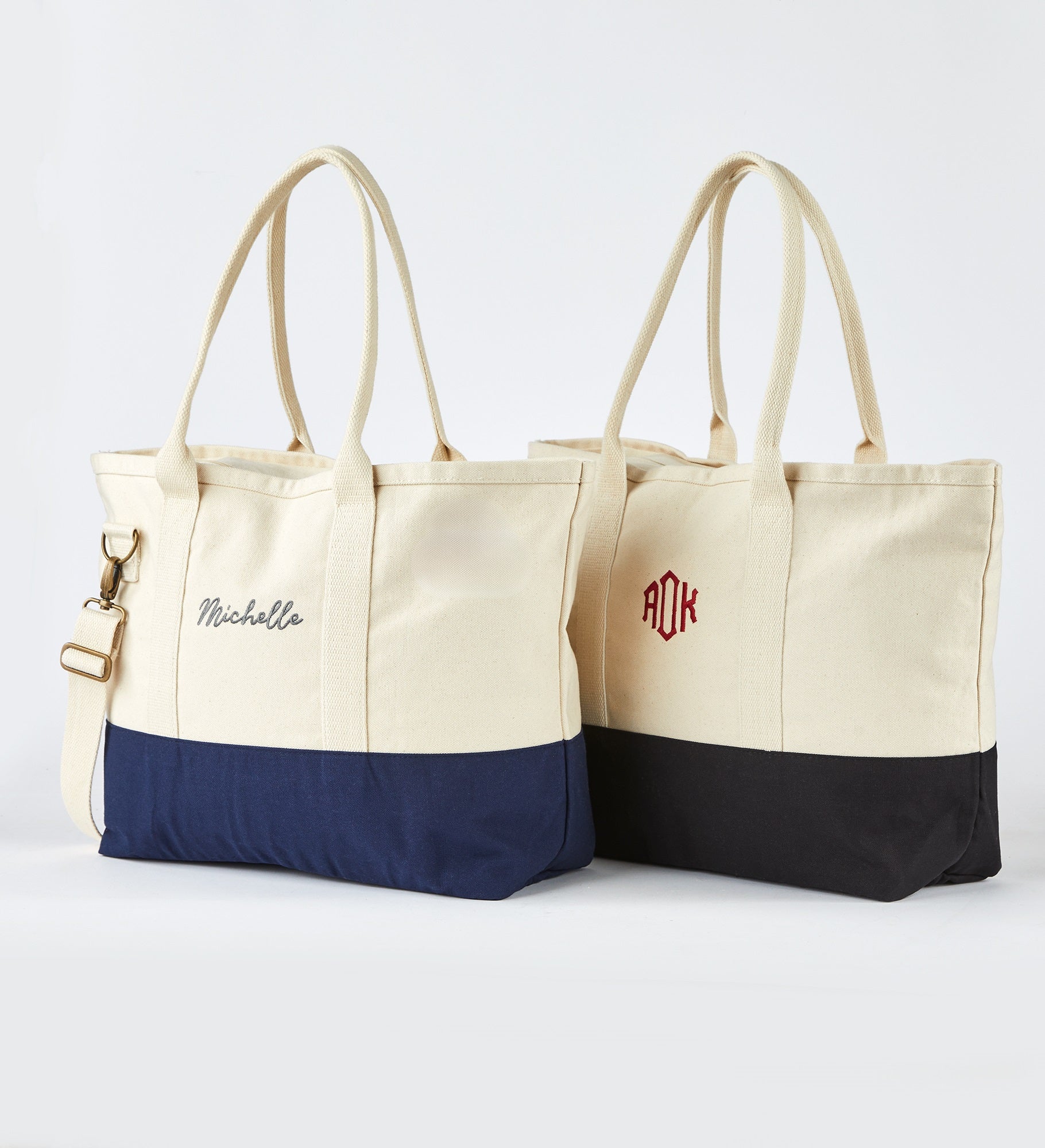 Embroidered Utility Canvas Tote in Natural/Navy  Centered Text