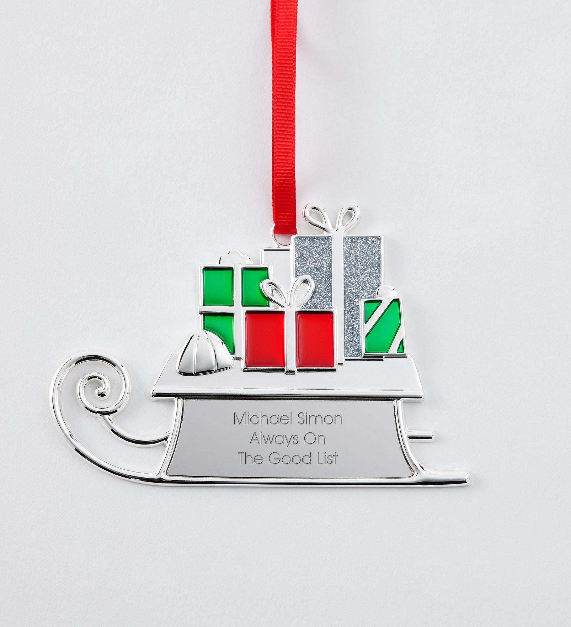 Engraved Silver Sled with Presents Metal Ornament