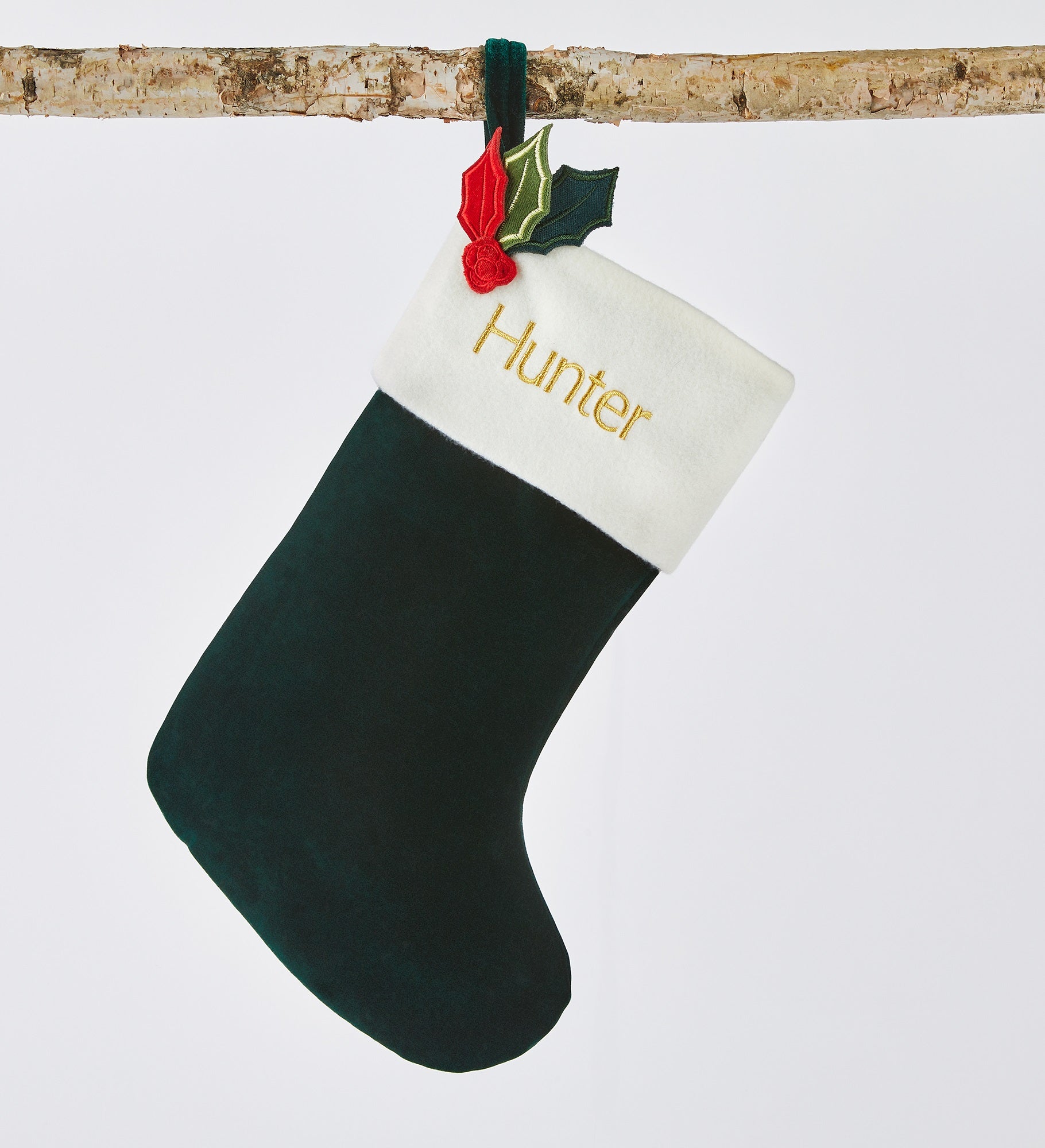 Embroidered Classic Velvet 15" Stocking in Dark Green