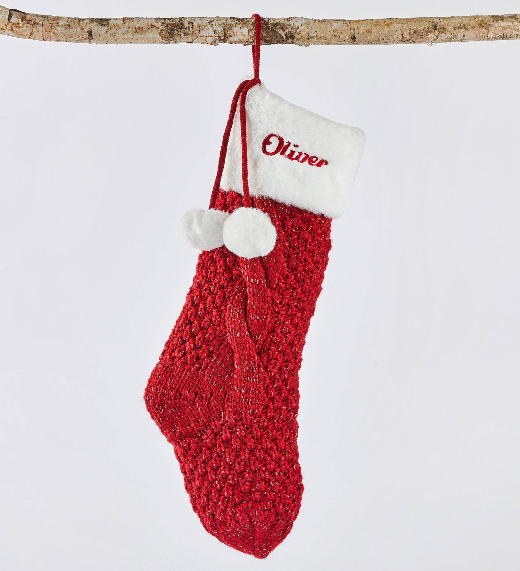 Embroidered Red Sparkle Cable Stocking with Fur Cuff