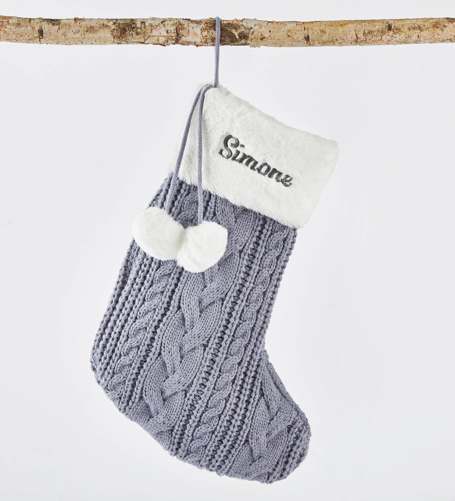 Embroidered Blue Grey Cable Stocking with Faux Fur Cuff