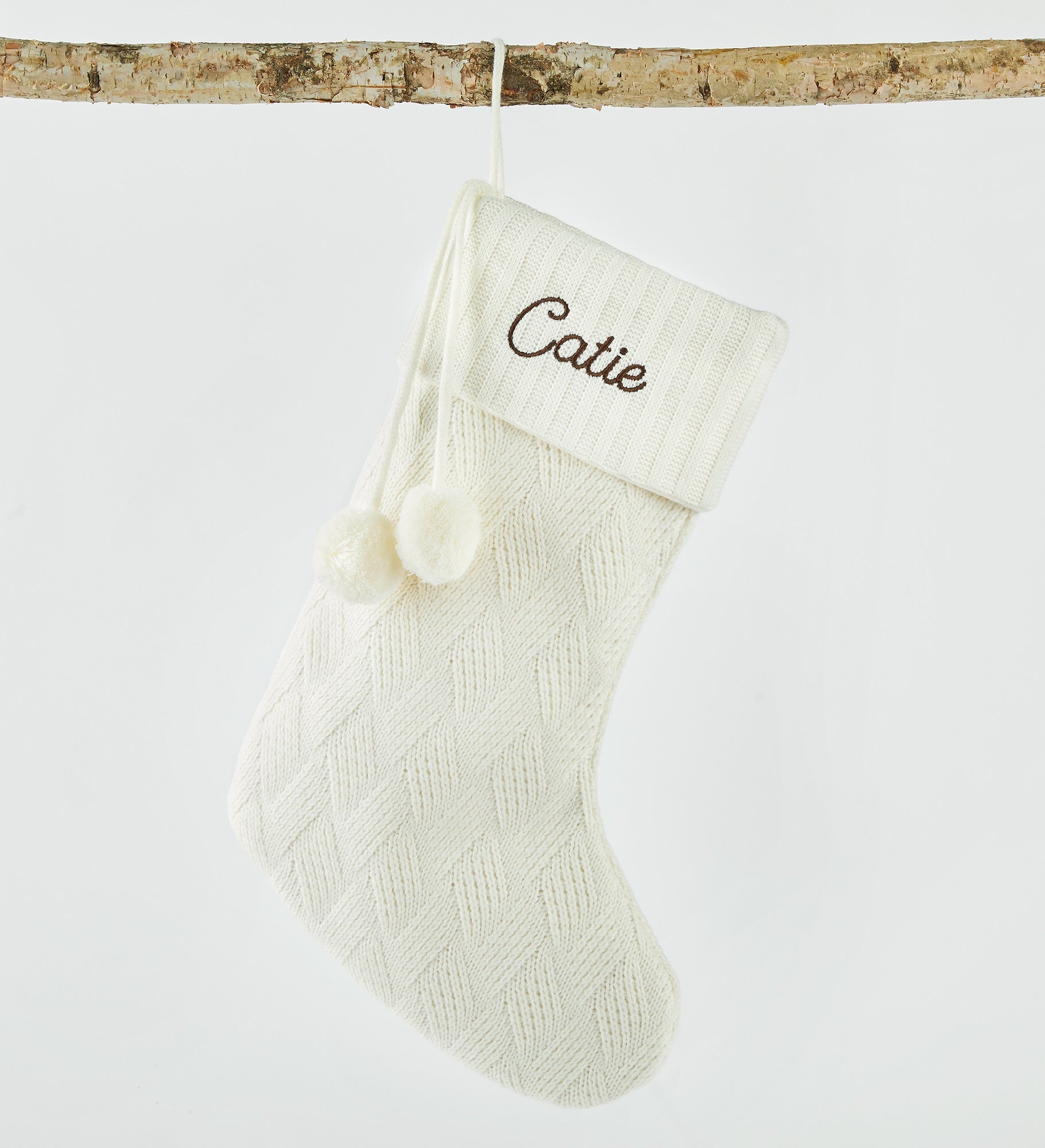 Embroidered Basket-weave Knit Stocking in Cream
