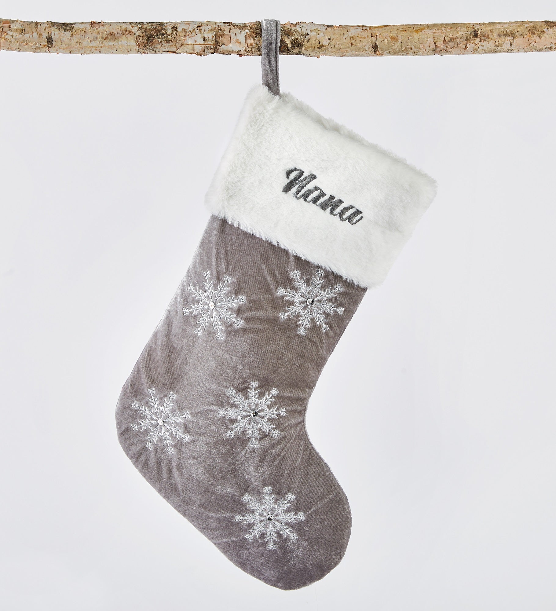 Embroidered Gray & Silver Snowflake Stocking with Fur Cuff