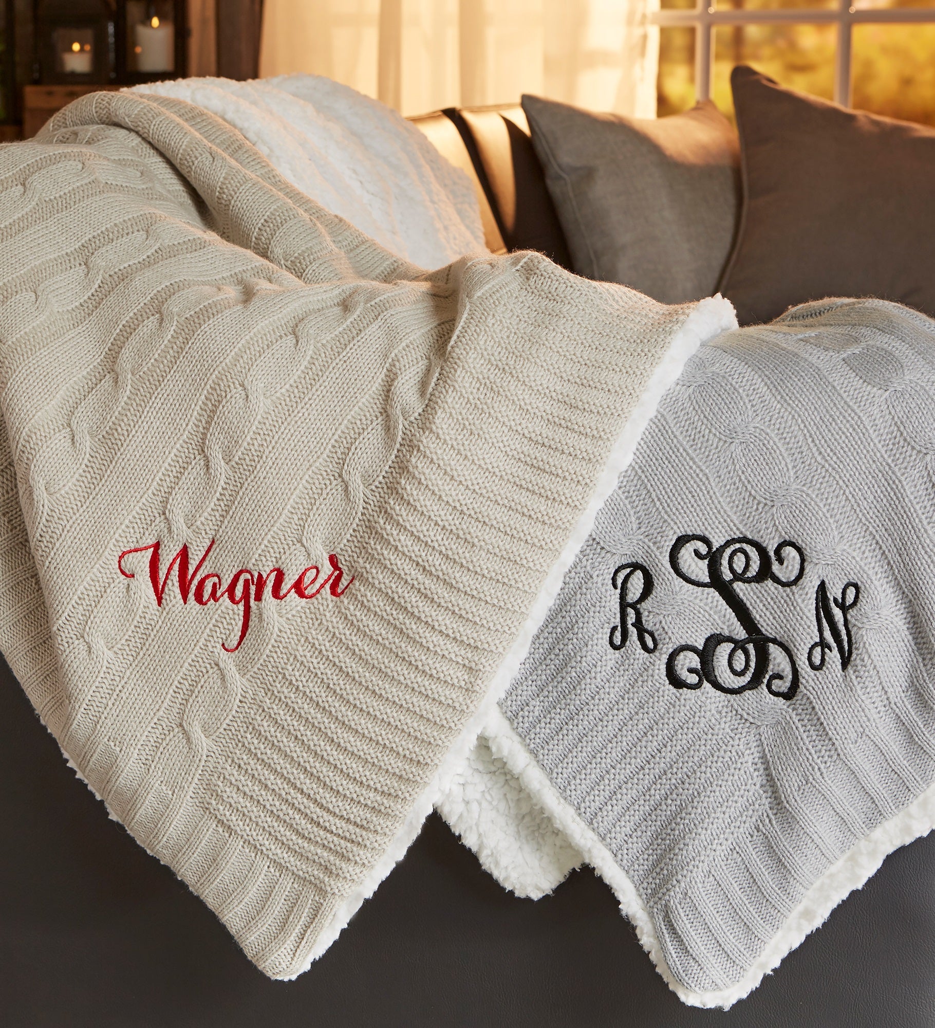 Kittenish Embroidered Cable Knit Throw Blanket