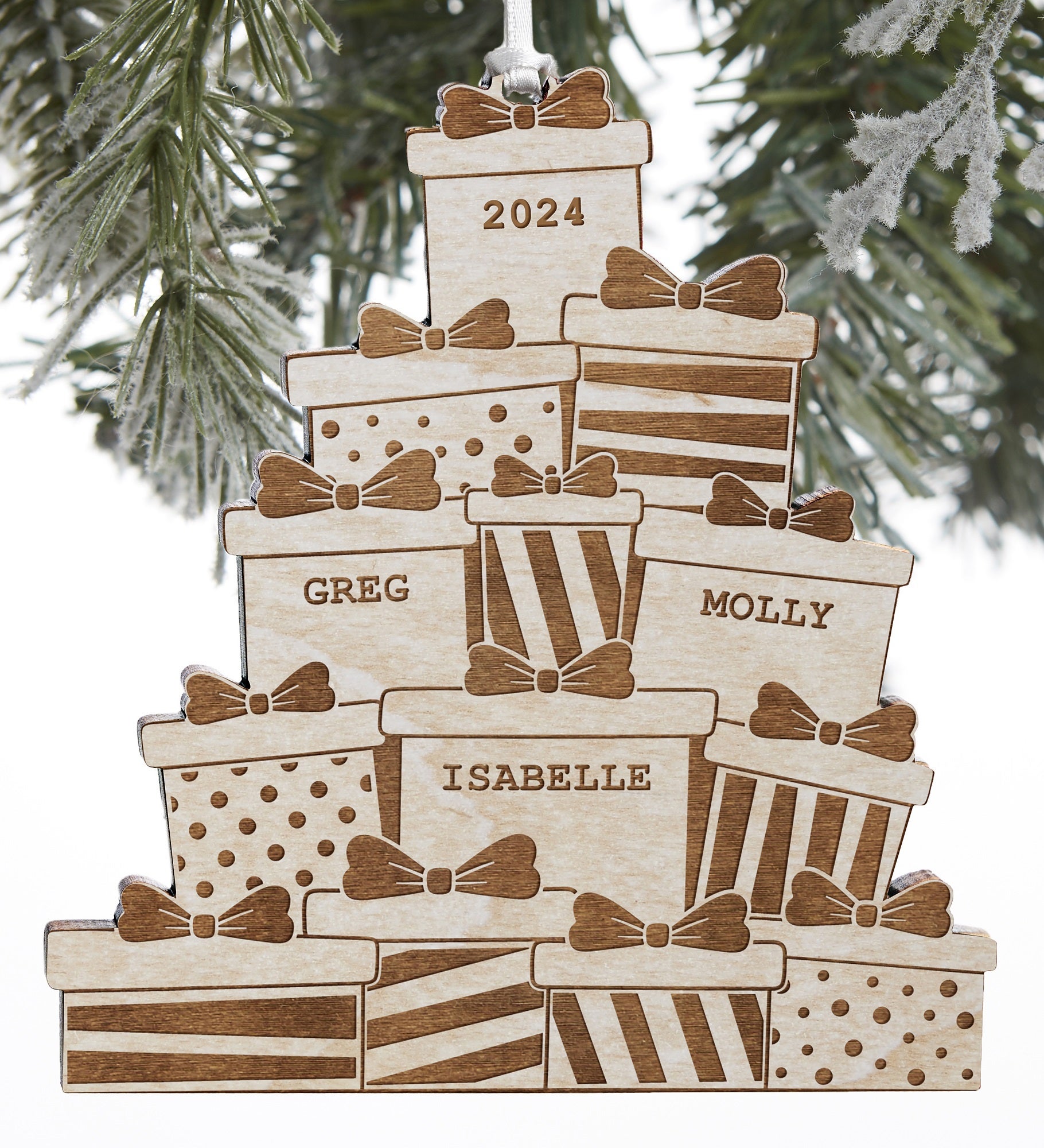 Kittenish Engraved Wood Presents Tower Ornament 