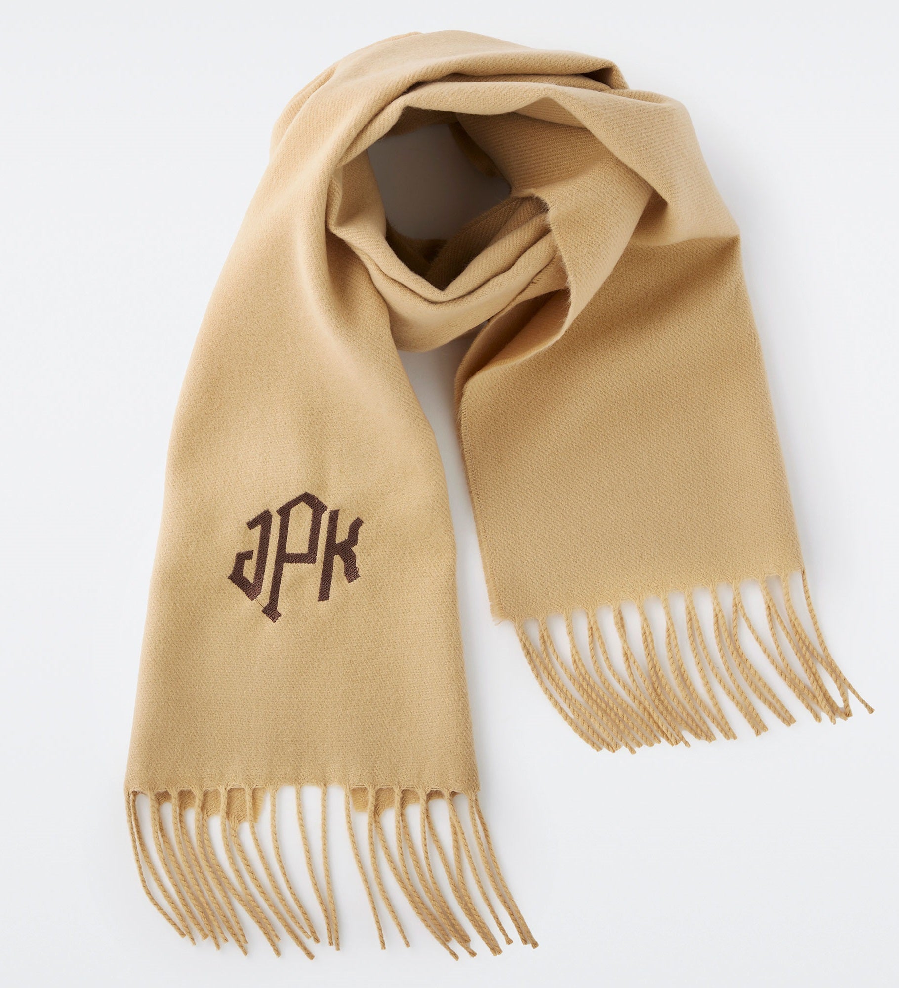 Kittenish Embroidered Soft Fringe Scarf in Solid Camel