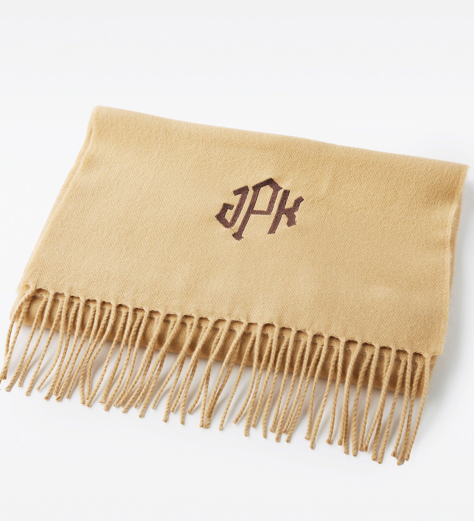 Kittenish Embroidered Soft Fringe Scarf in Solid Camel
