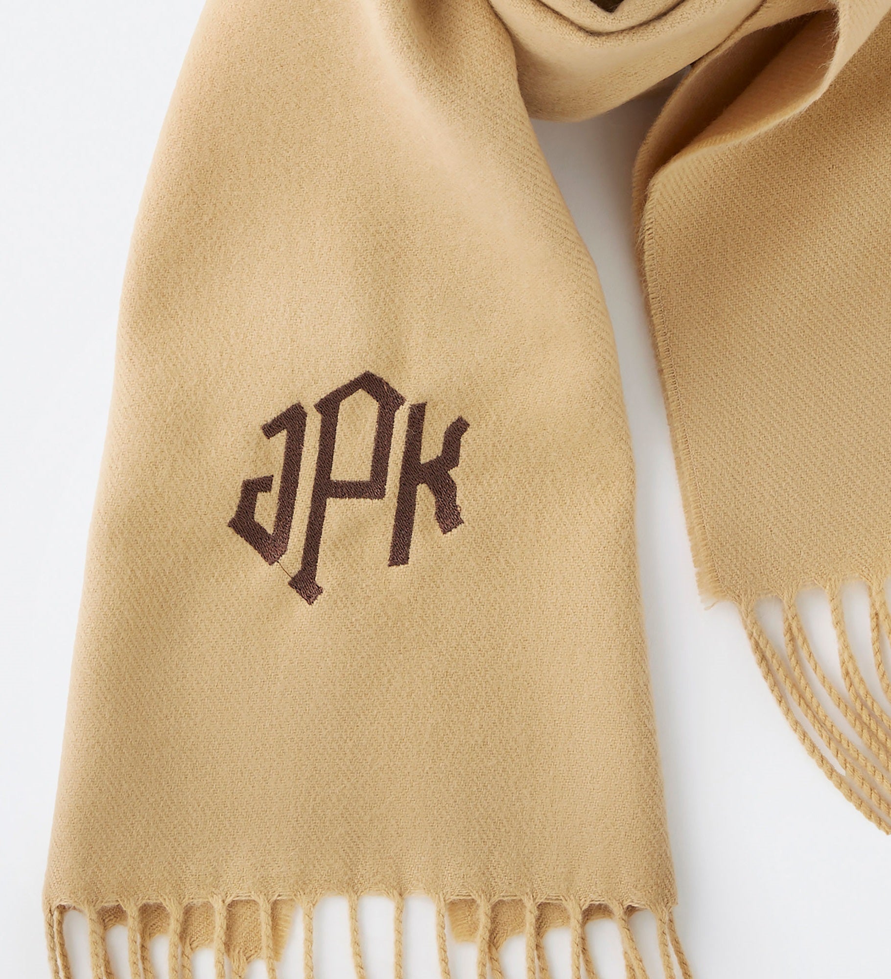 Kittenish Embroidered Soft Fringe Scarf in Solid Camel